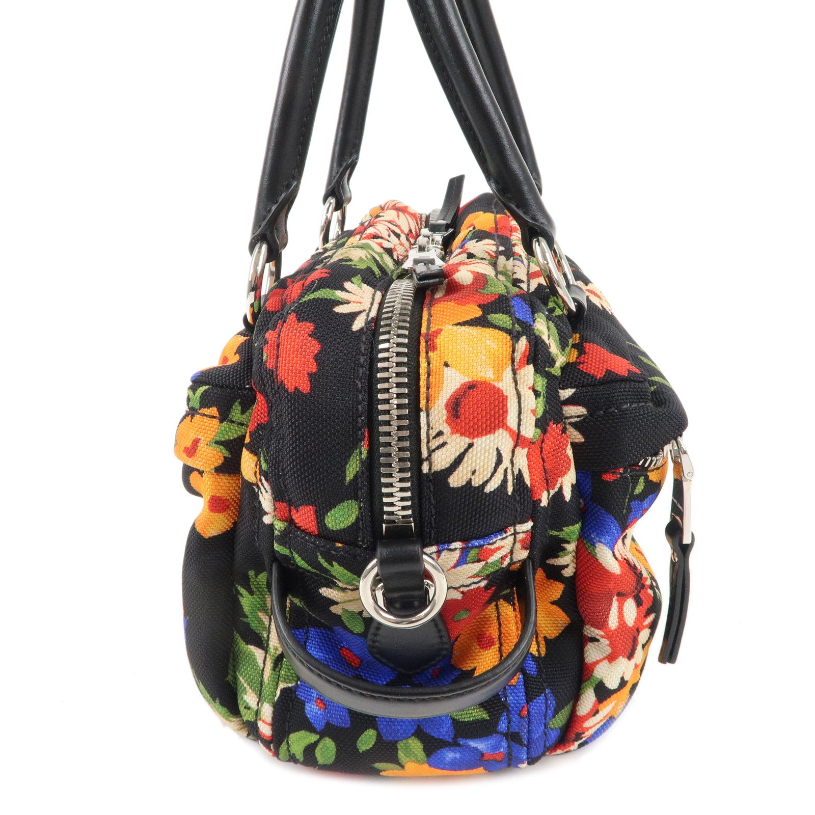 MIU MIU Canvas Leather Flower Print 2WAY Bag Black 5BB070