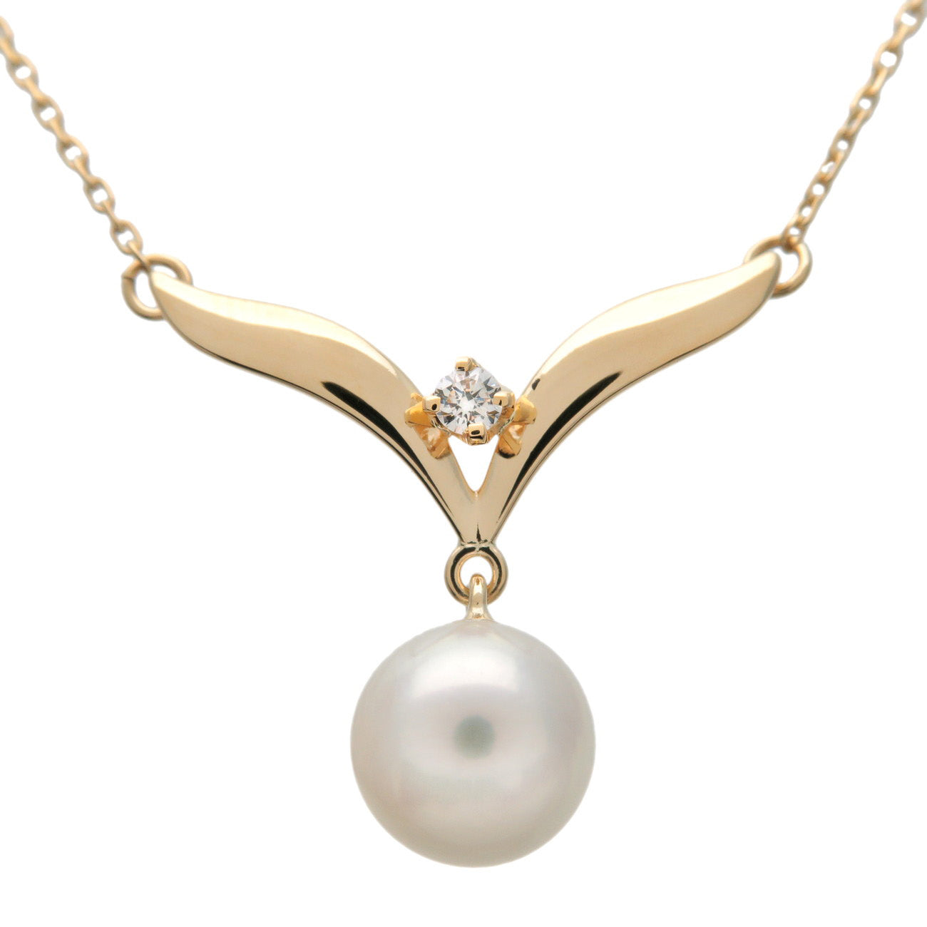 MIKIMOTO-1P-Pearl-7.3mm-Diamond-Necklace-K18YG-750YG-Yellow-Gold