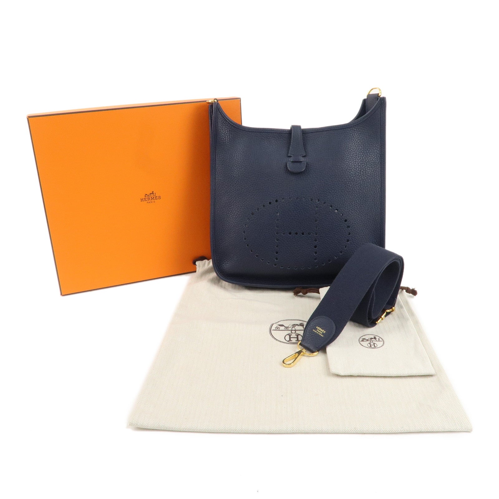 HERMES Taurillon Clemence Evelyen 3PM C Engraved Blue Nuit Navy