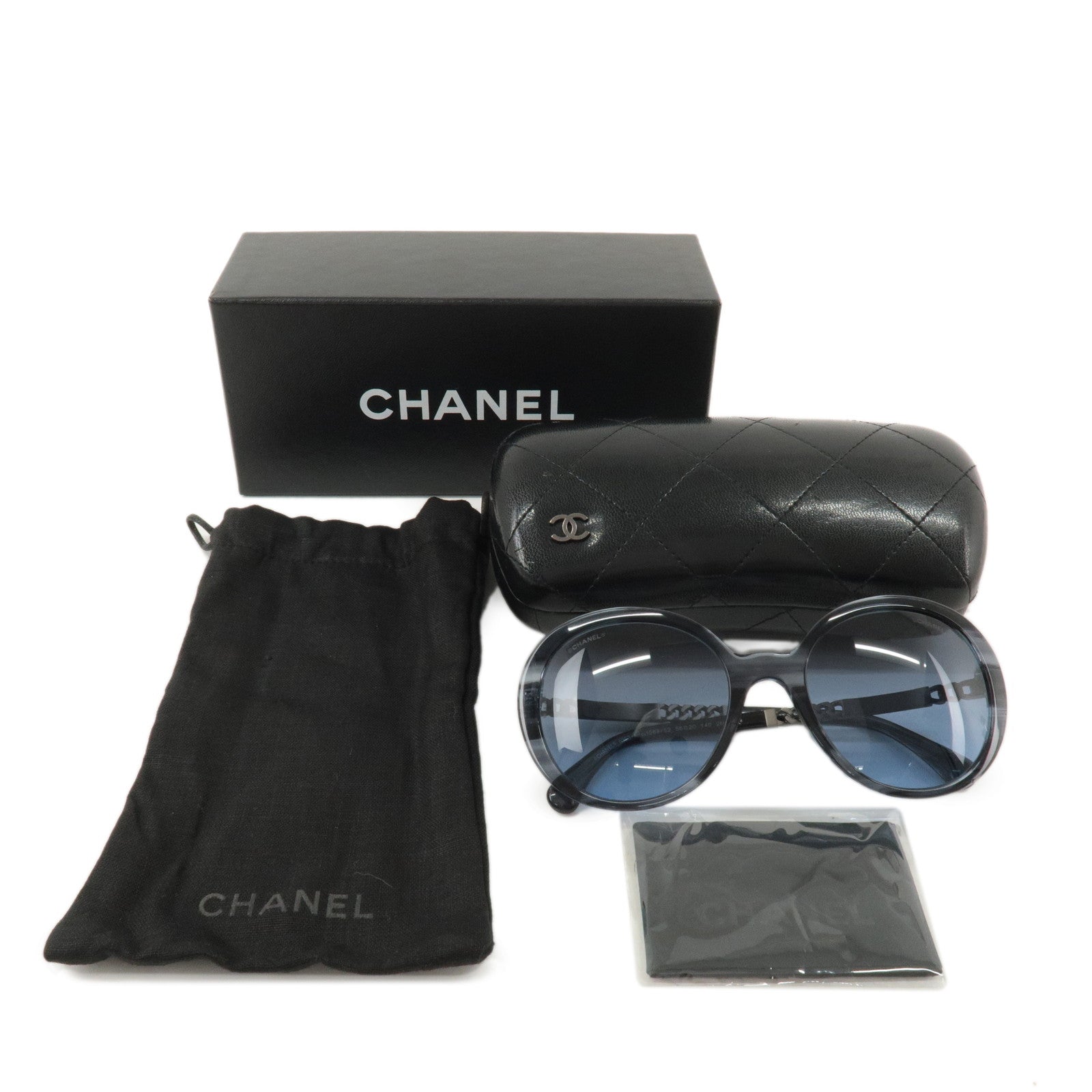 CHANEL Plastic Metal Chain Motif Sunglasses 56□20 140 Black 5353-A