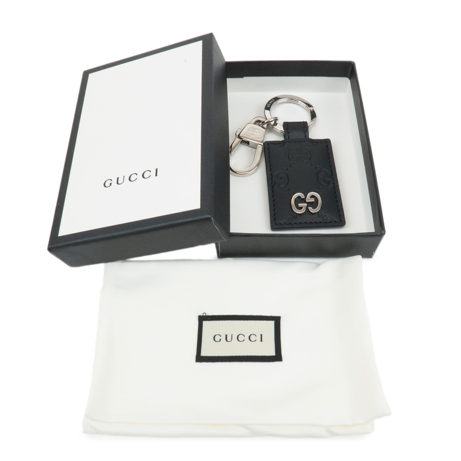 GUCCI Guccissima Leather Metal Logo Keychain Black 479136