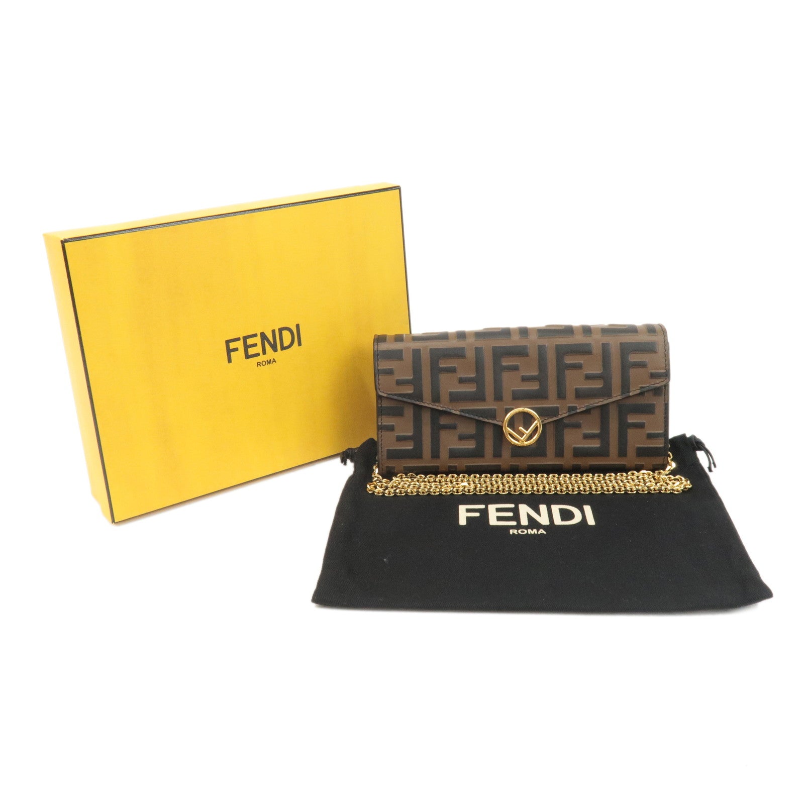 FENDI Leather Chain Wallet Shoulder Bag Brown Black 8M0365