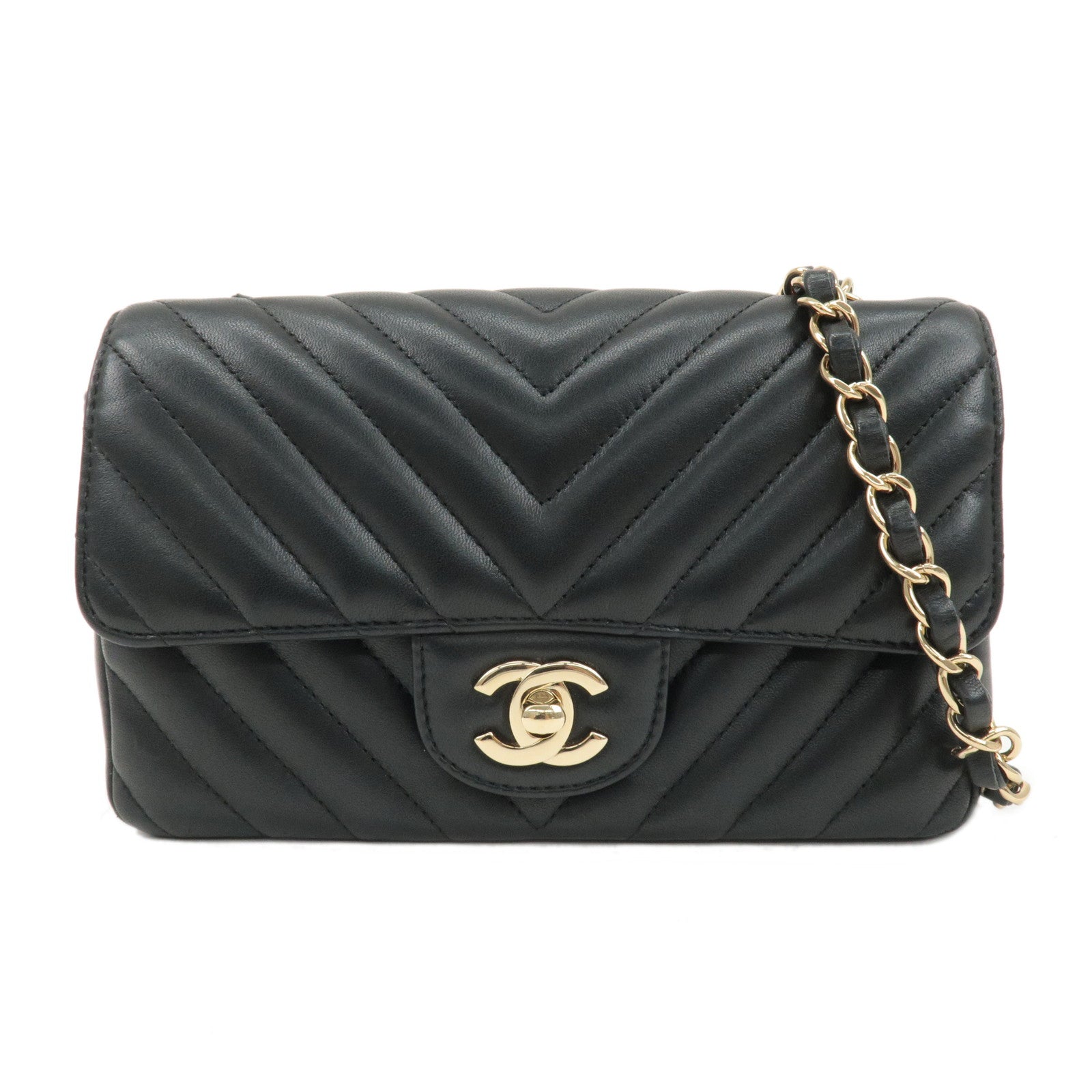 CHANEL-V-Stitch-Lamb-Skin-2Way-Chain-Shoulder-Bag-Black-Gold