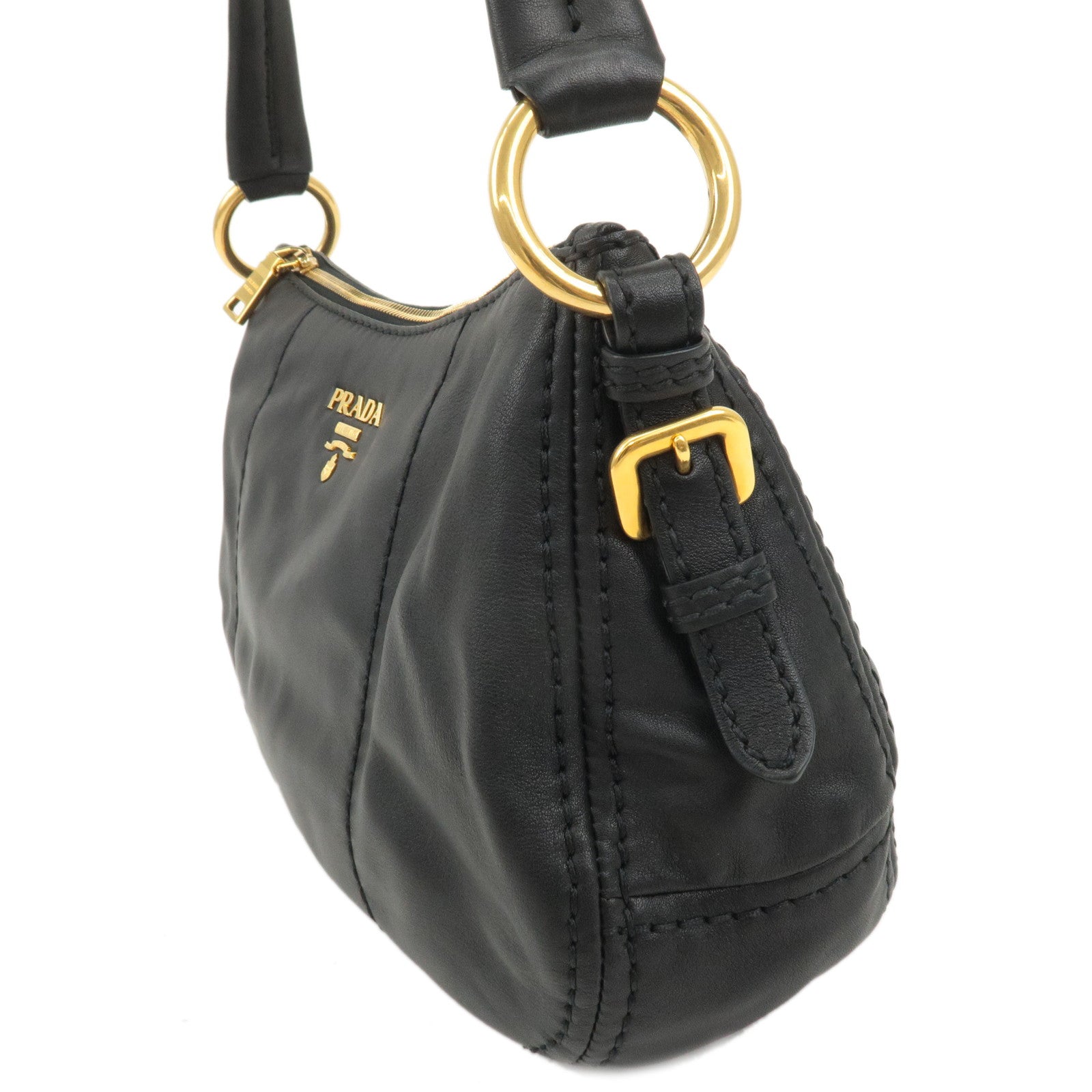 PRADA Logo Leather One Shoulder Bag Black Gold Hardware