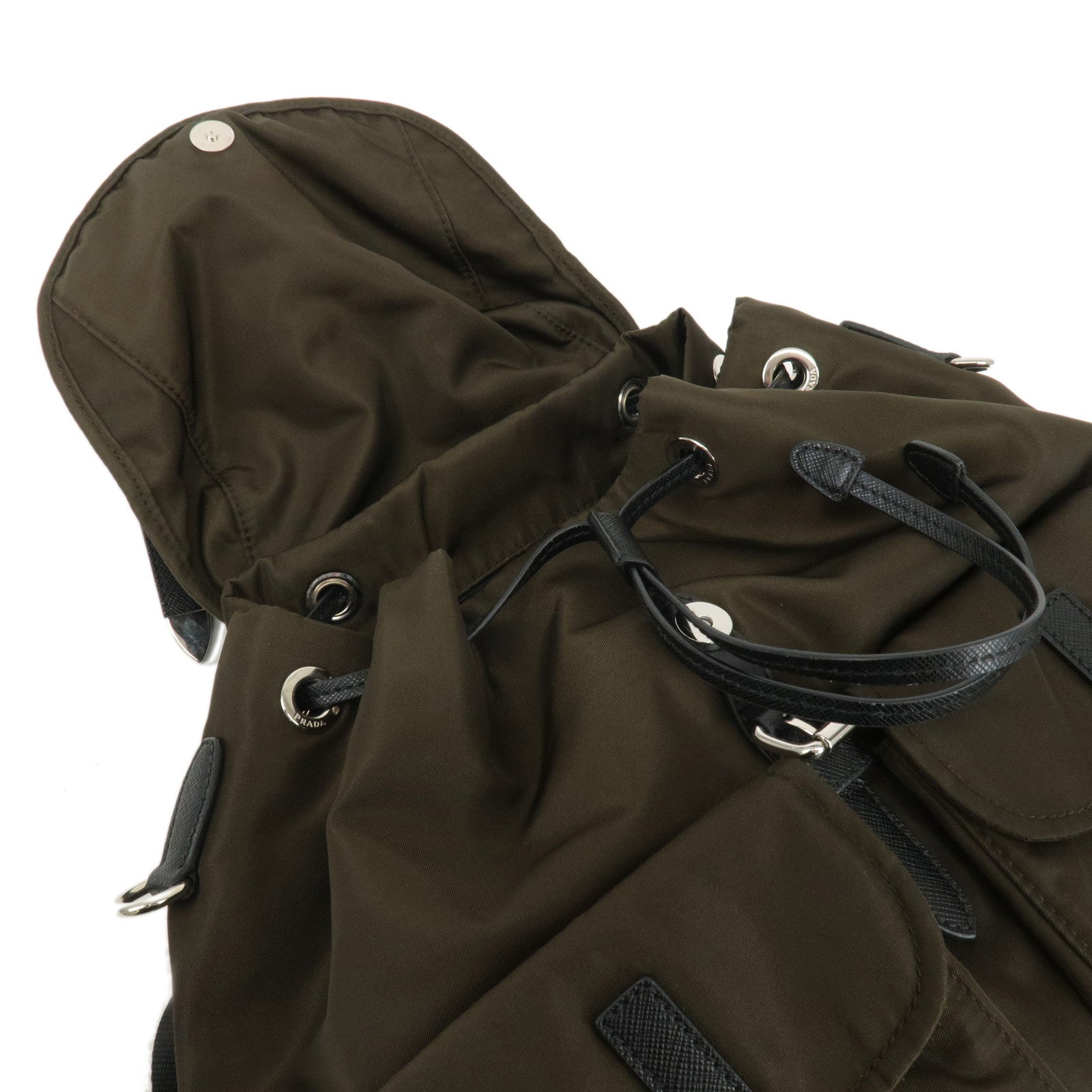 PRADA Logo Nylon Leather Backpack Rucksack Khaki Black