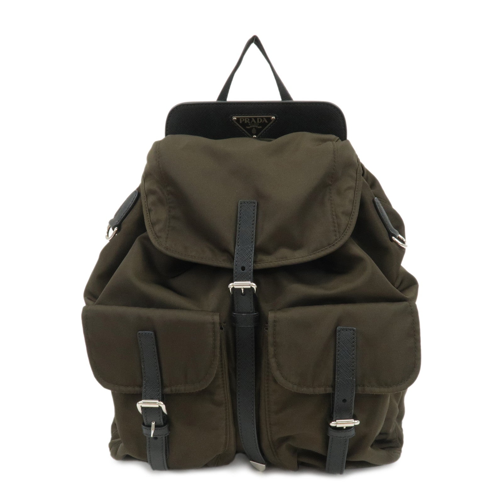 PRADA-Logo-Nylon-Leather-Backpack-Rucksack-Khaki-Black