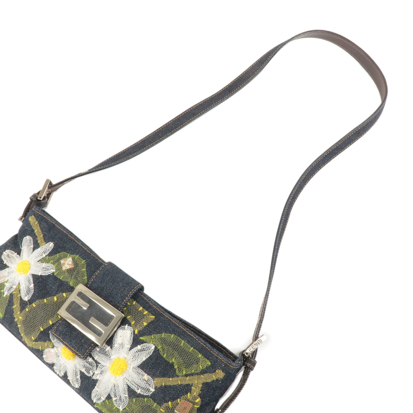 FENDI Denim Leather Shoulder Bag Flower Blue 26685