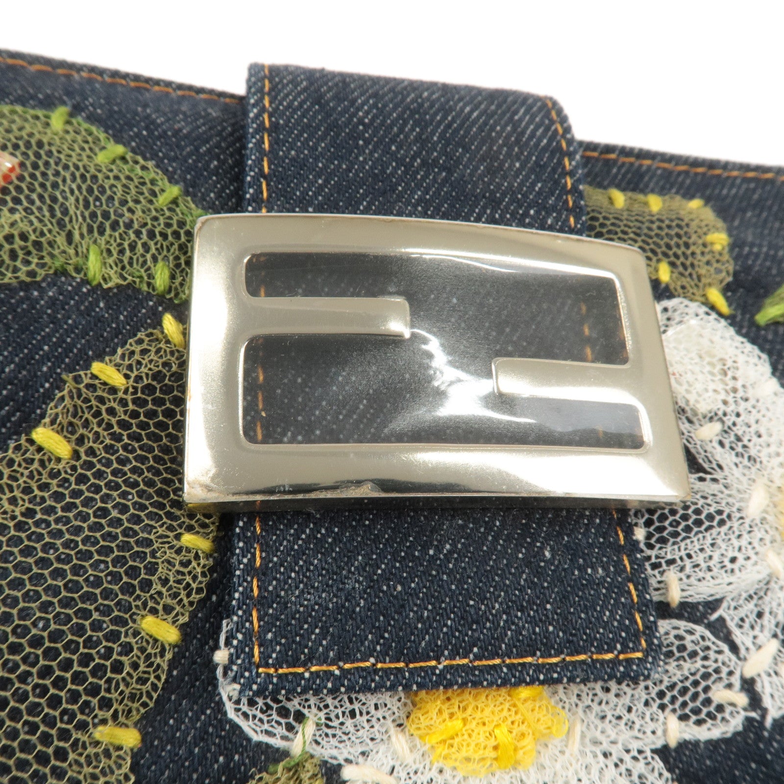 FENDI Denim Leather Shoulder Bag Flower Blue 26685