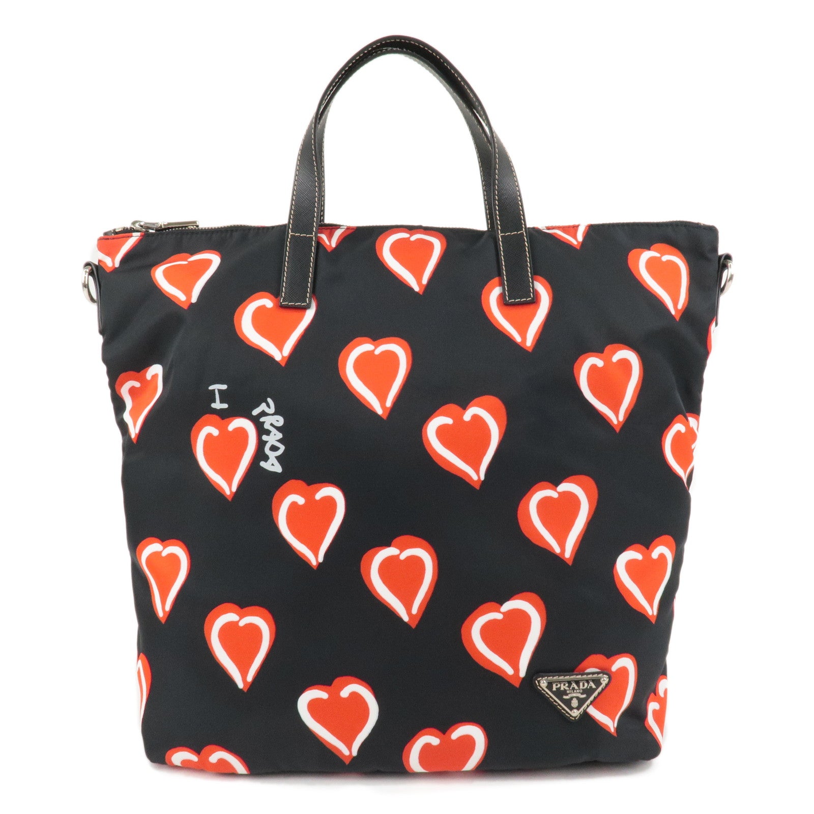 PRADA-Nylon-Leather-2WAY-Tote-Bag-Handbag-Heart-Black-Red-BN205