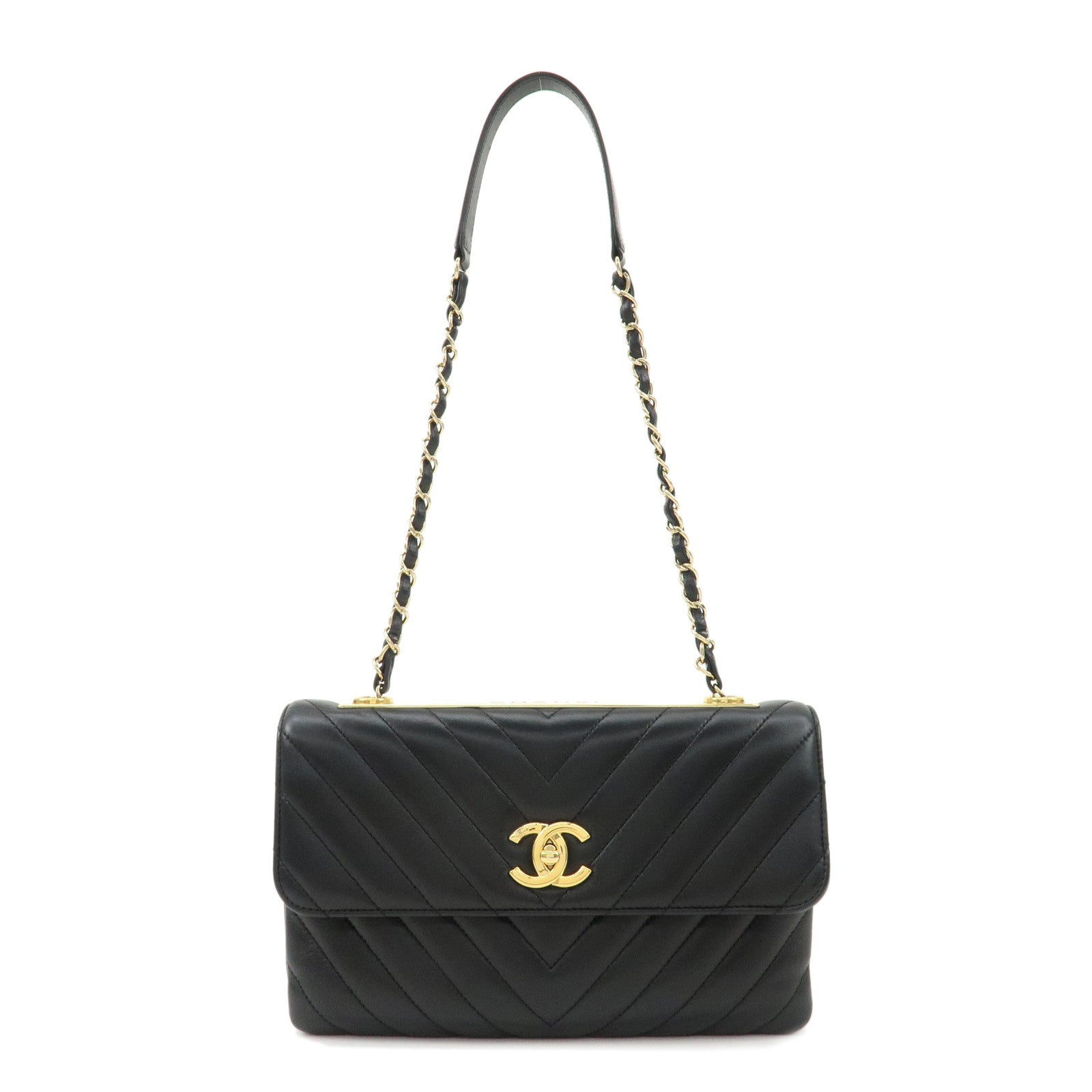 CHANEL-V-stich-Lamb-Skin-Logo-Plated-Chain-Shoulder-Bag-Black