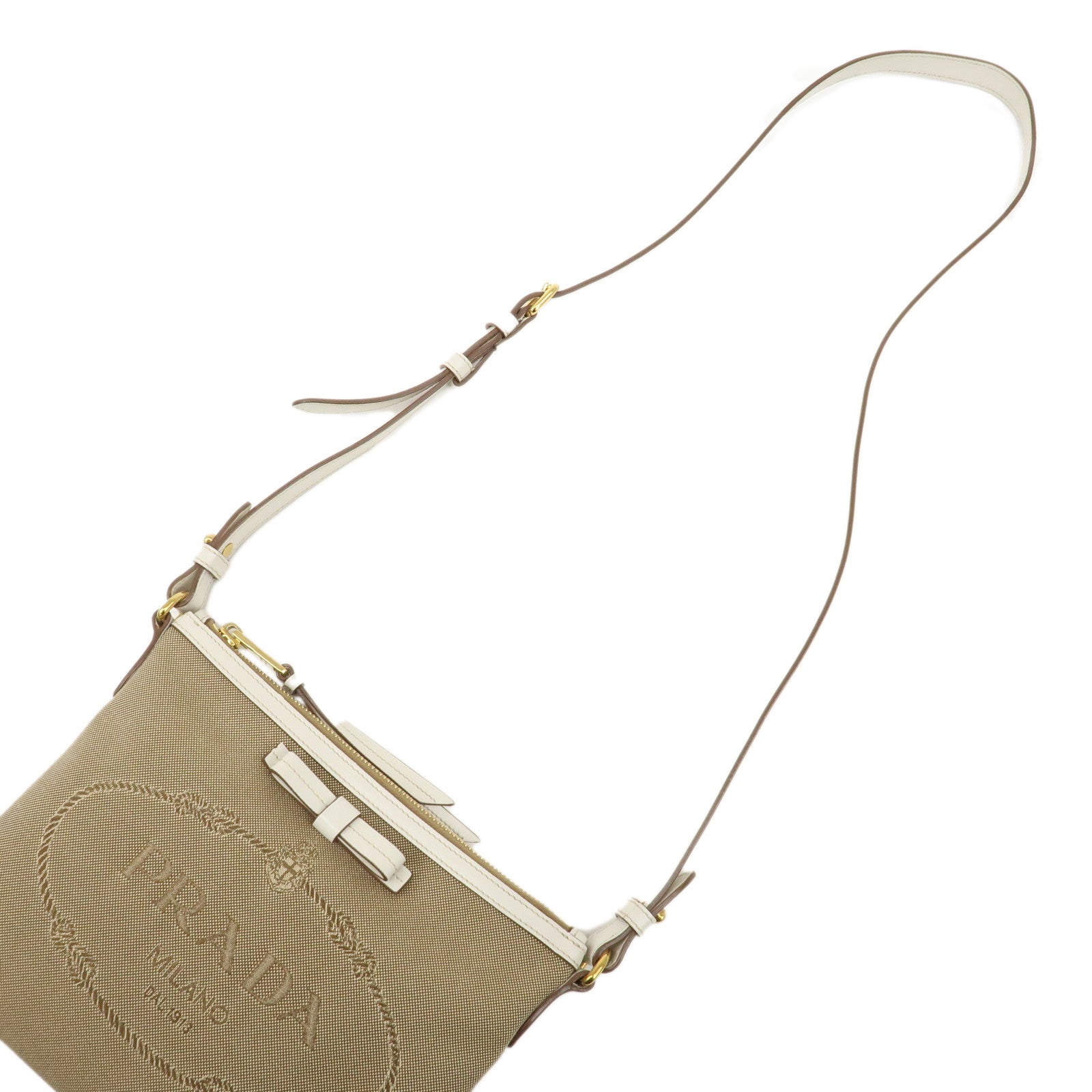 PRADA Logo Jacquard Leather Shoulder Bag Beige Ivory 1BH150