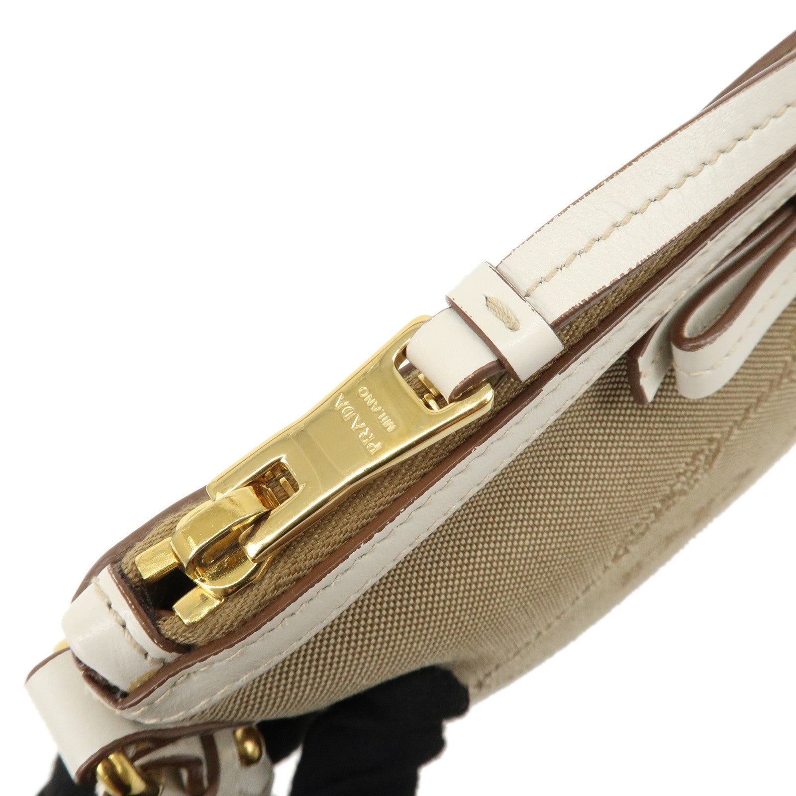 PRADA Logo Jacquard Leather Shoulder Bag Beige Ivory 1BH150