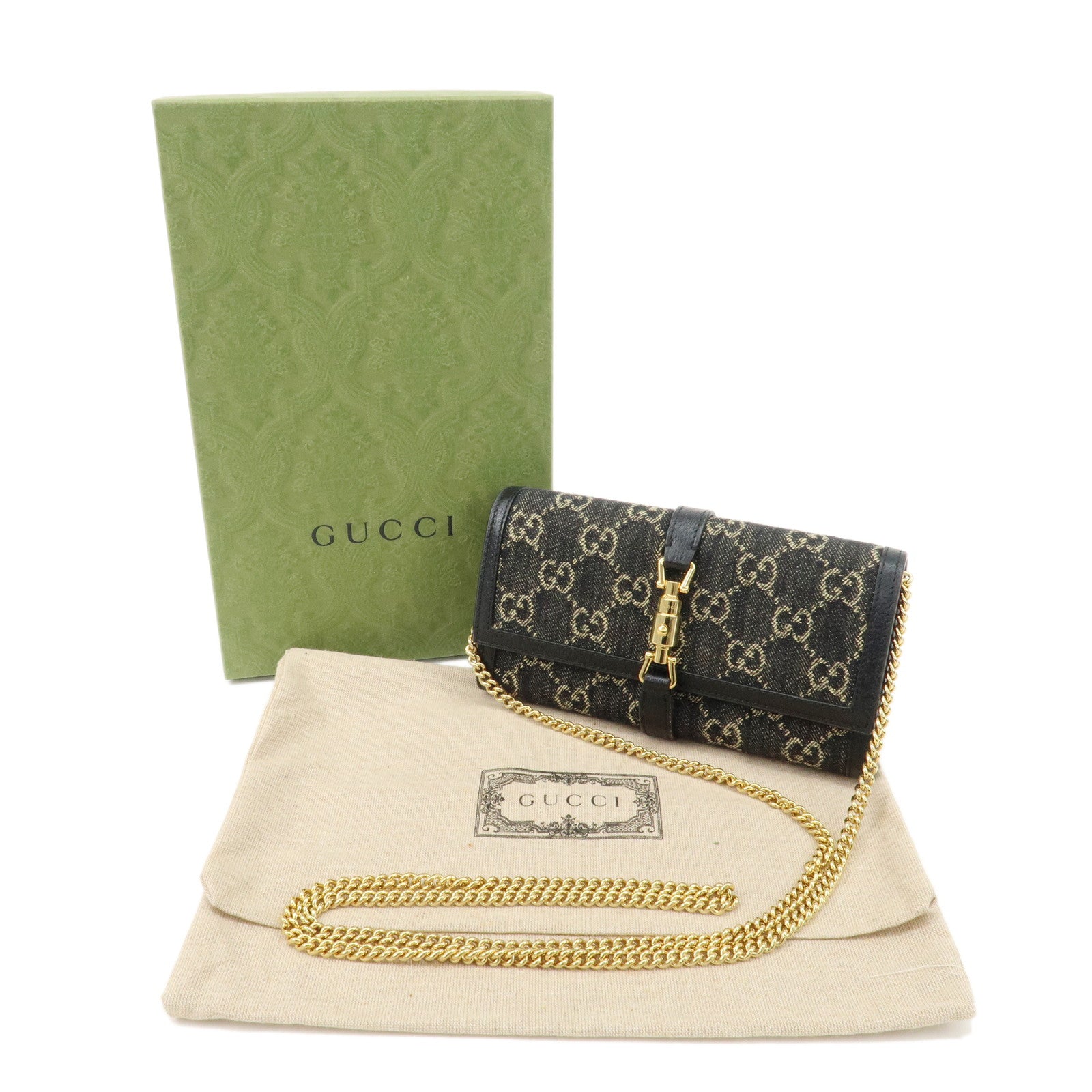 GUCCI New Jackie GG Denim Leather Chain Wallet Black 652681