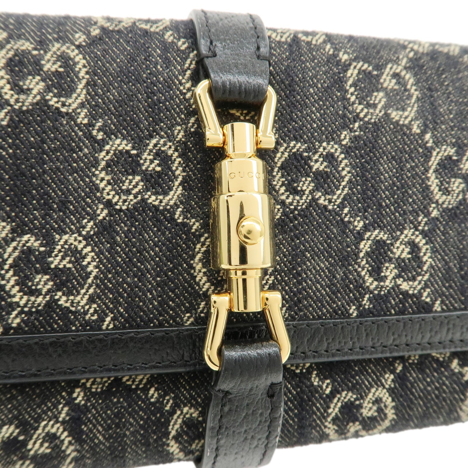 GUCCI New Jackie GG Denim Leather Chain Wallet Black 652681