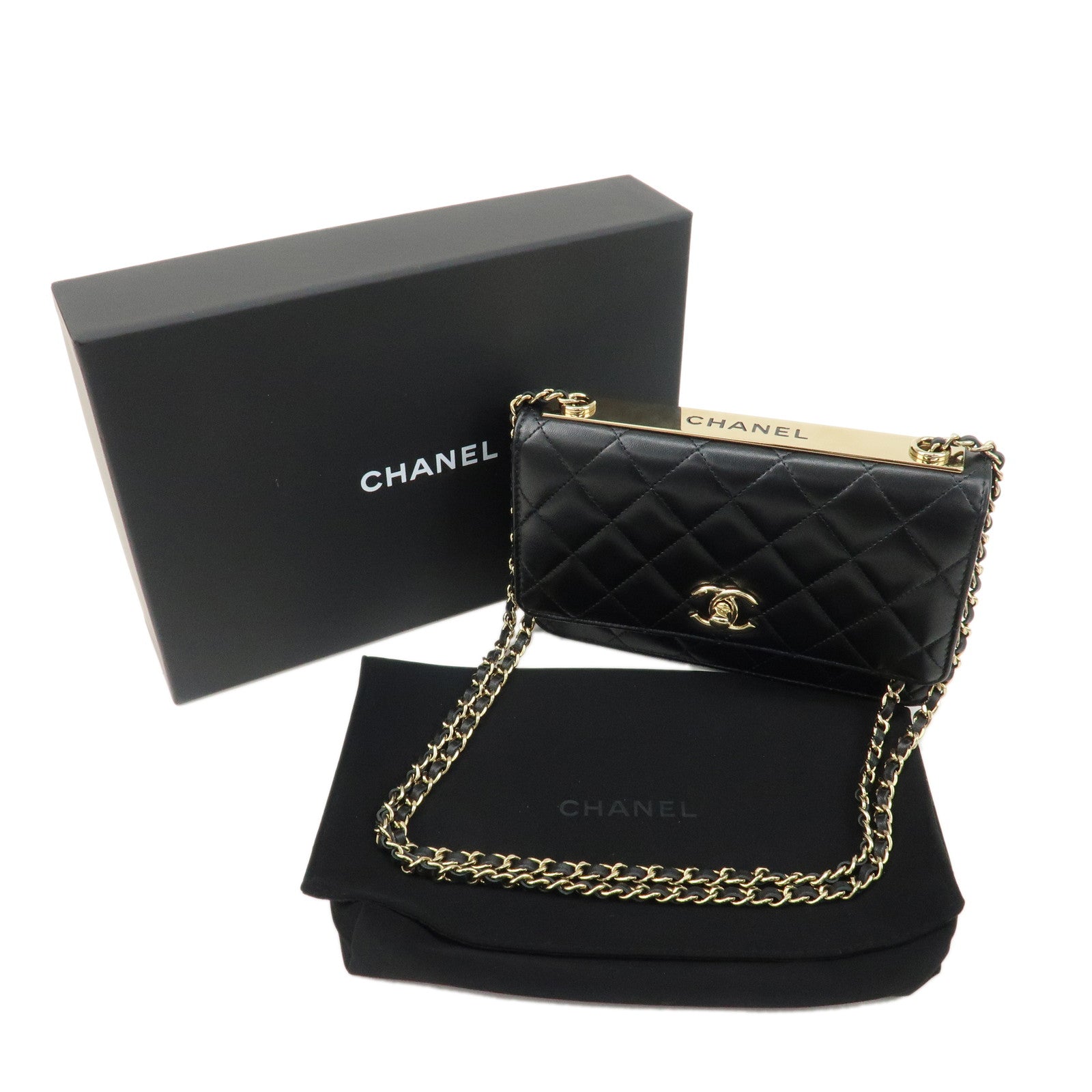 CHANEL Matelasse Lamb Skin Trendy CC Chain Shoulder Bag Black Gold