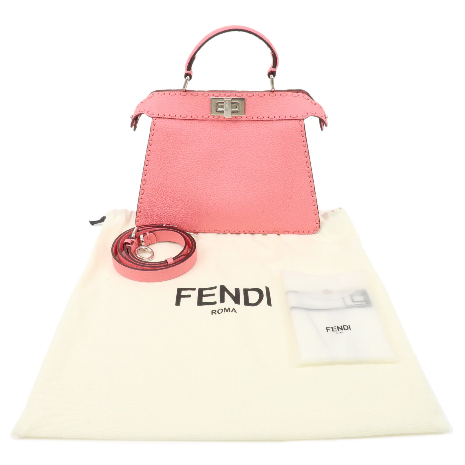 FENDI Leather Peekaboo I see U Small 2 Way Hand Bag Pink 8BN327