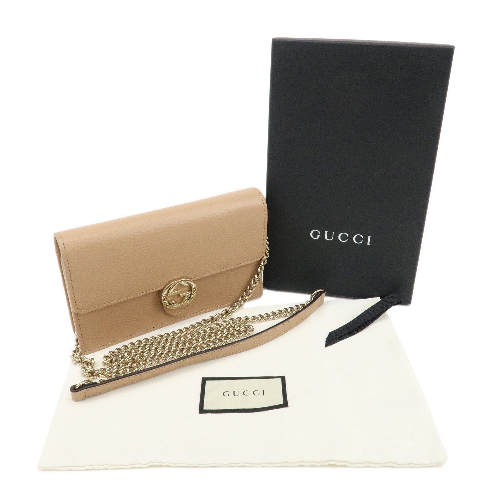 GUCCI Interlocking G Leather Chain Shoulder Wallet Beige 615523