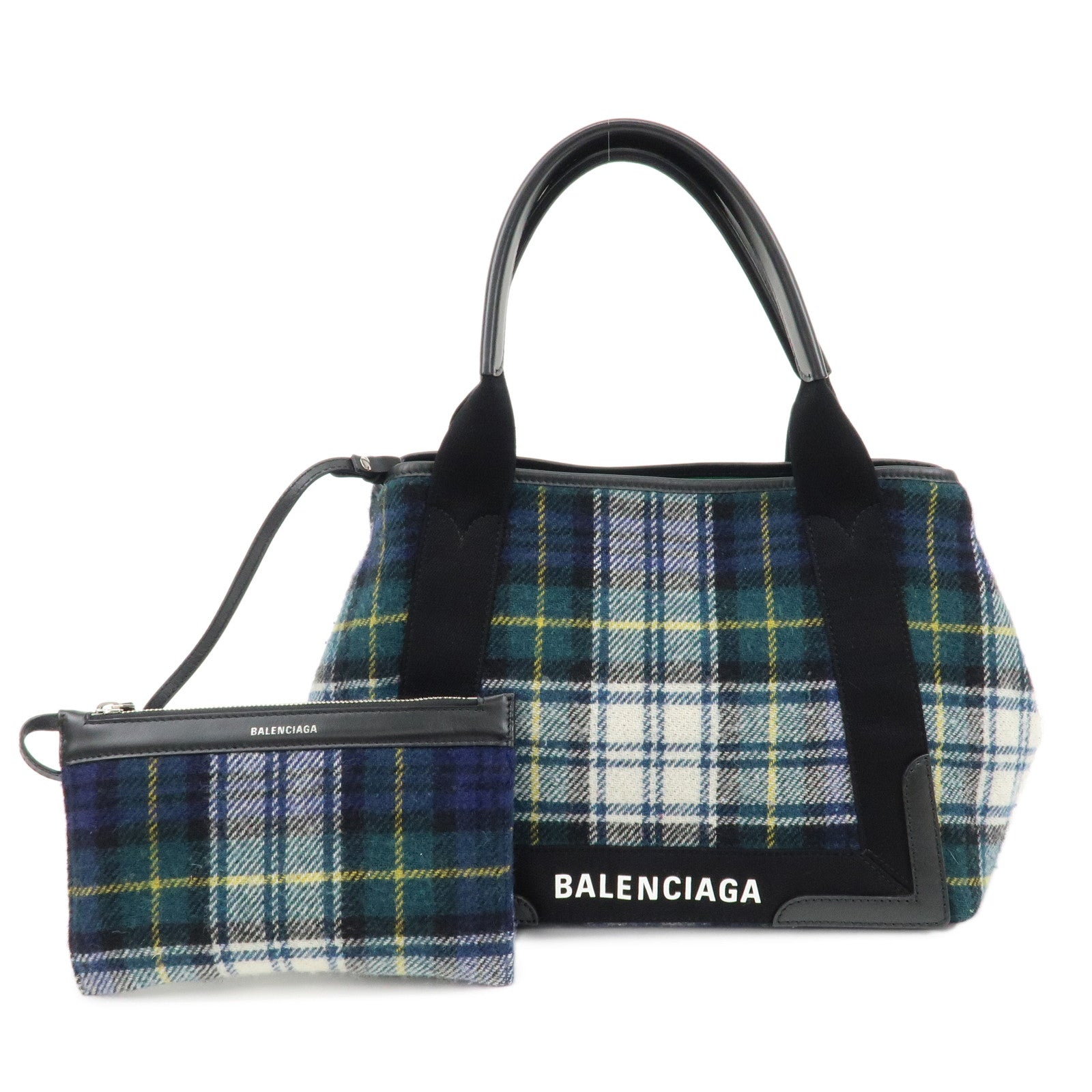 BALENCIAGA-Navy-Cabas-S-Wool-Leather-Canvas-Hand-Bag-339933