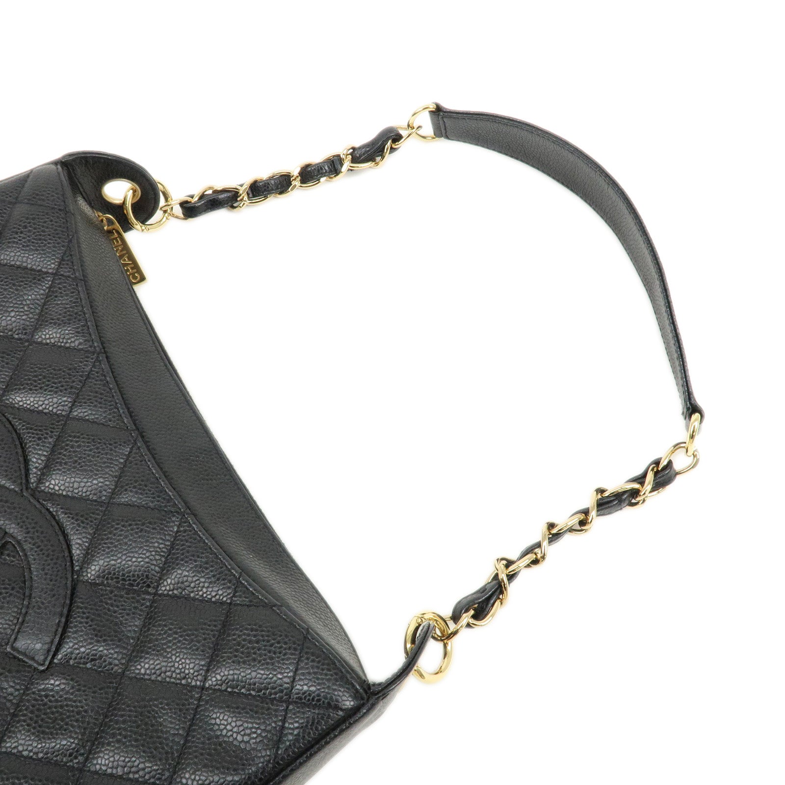 CHANEL Caviar Skin Chain Shoulder Bag Black Gold HDW A20993