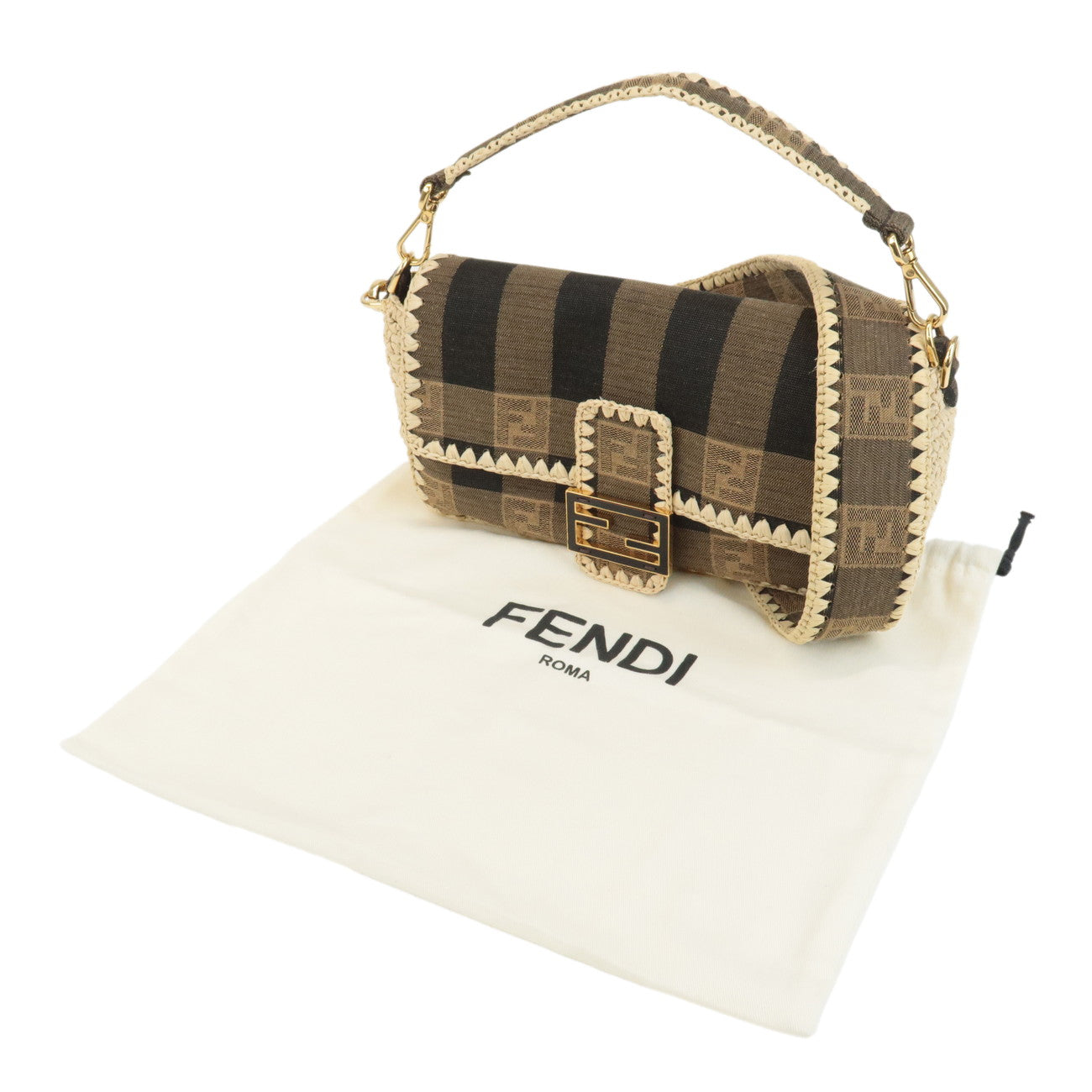 FENDI Mamma Baguette Zucca Pequin Raffia 2Way Bag Hand Bag 8BR600