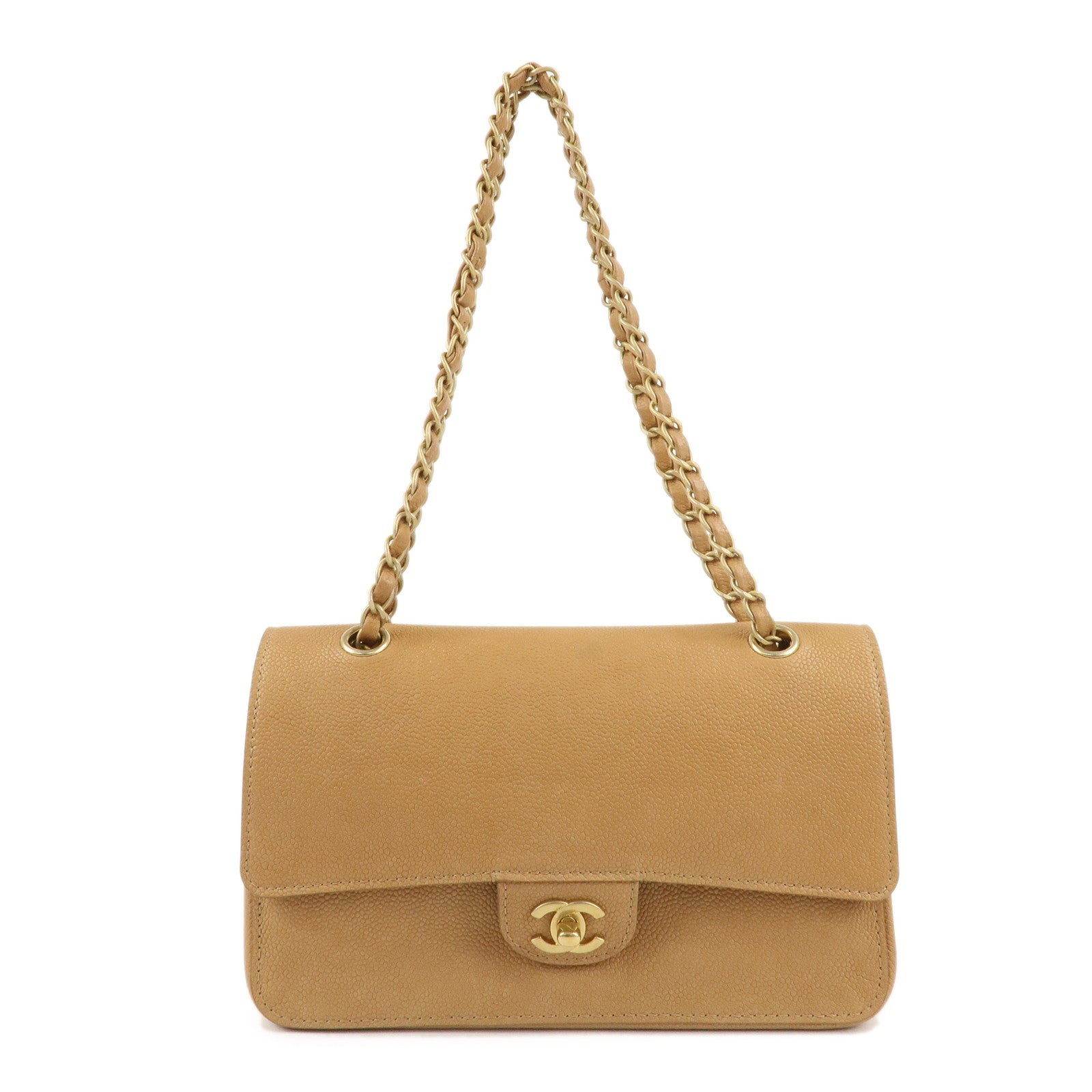 CHANEL-Caviar-Skin-W-Flap-Chain-Shoulder-Bag-Beige-Gold-Hardware