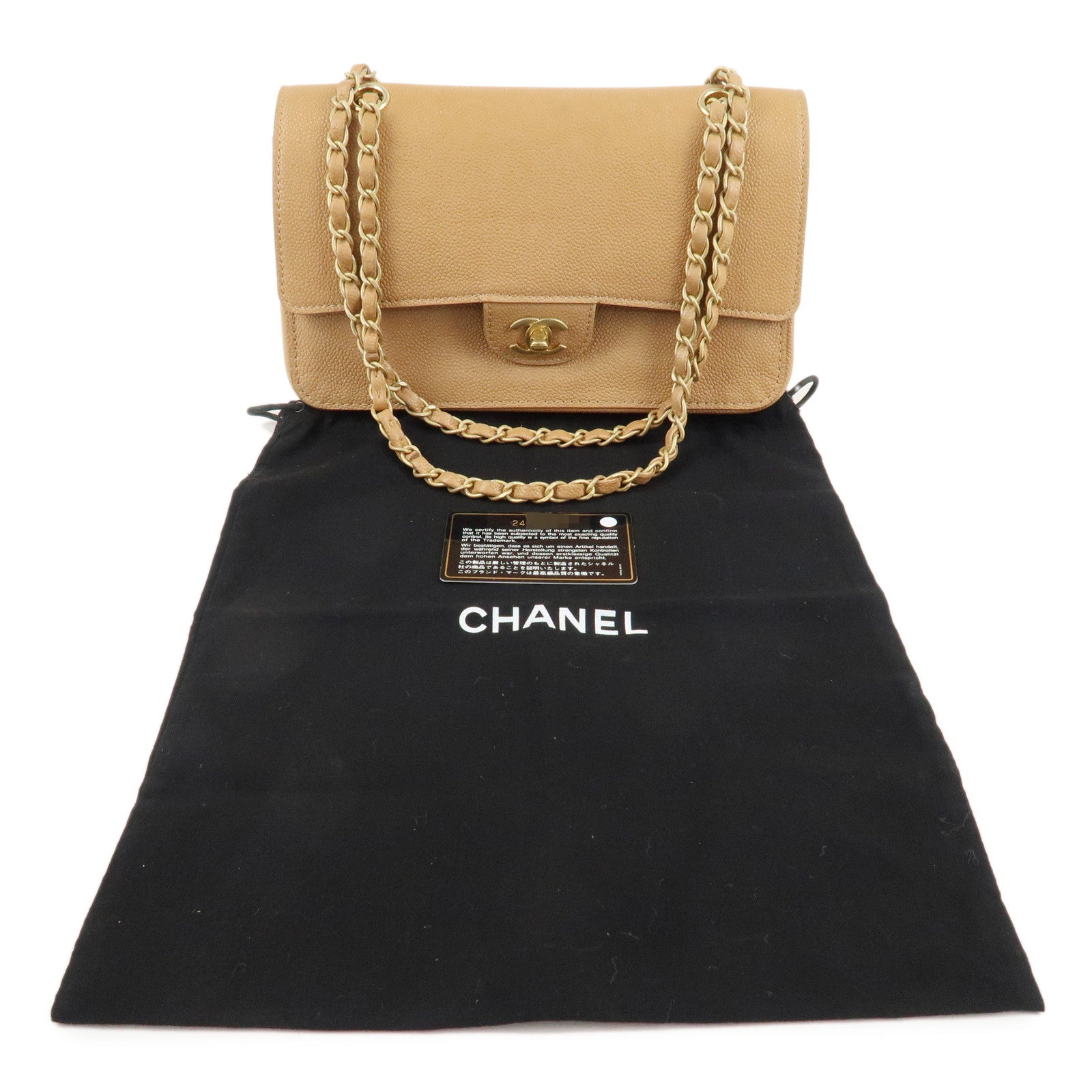 CHANEL Caviar Skin W Flap Chain Shoulder Bag Beige Gold Hardware Used