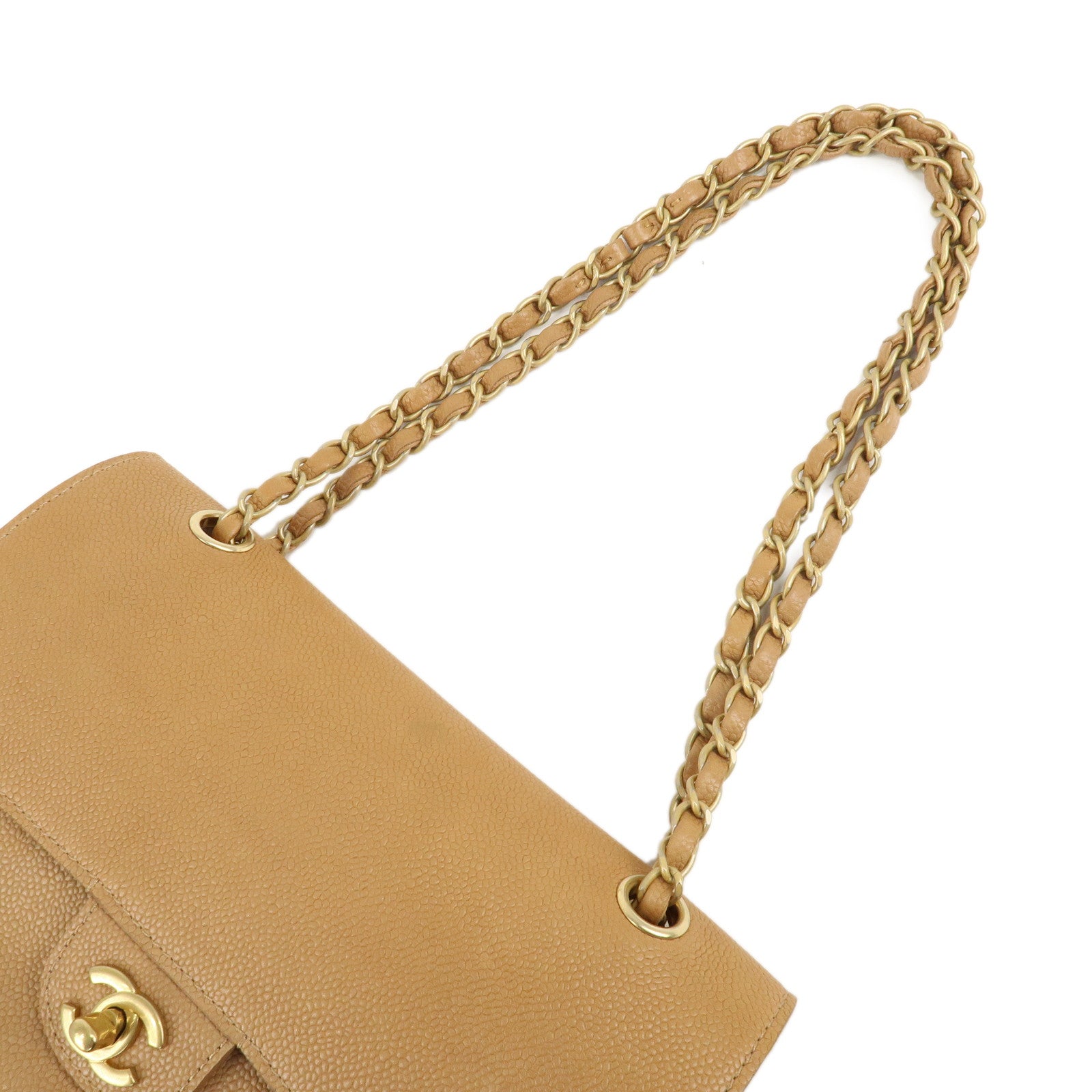 CHANEL Caviar Skin W Flap Chain Shoulder Bag Beige Gold Hardware Used