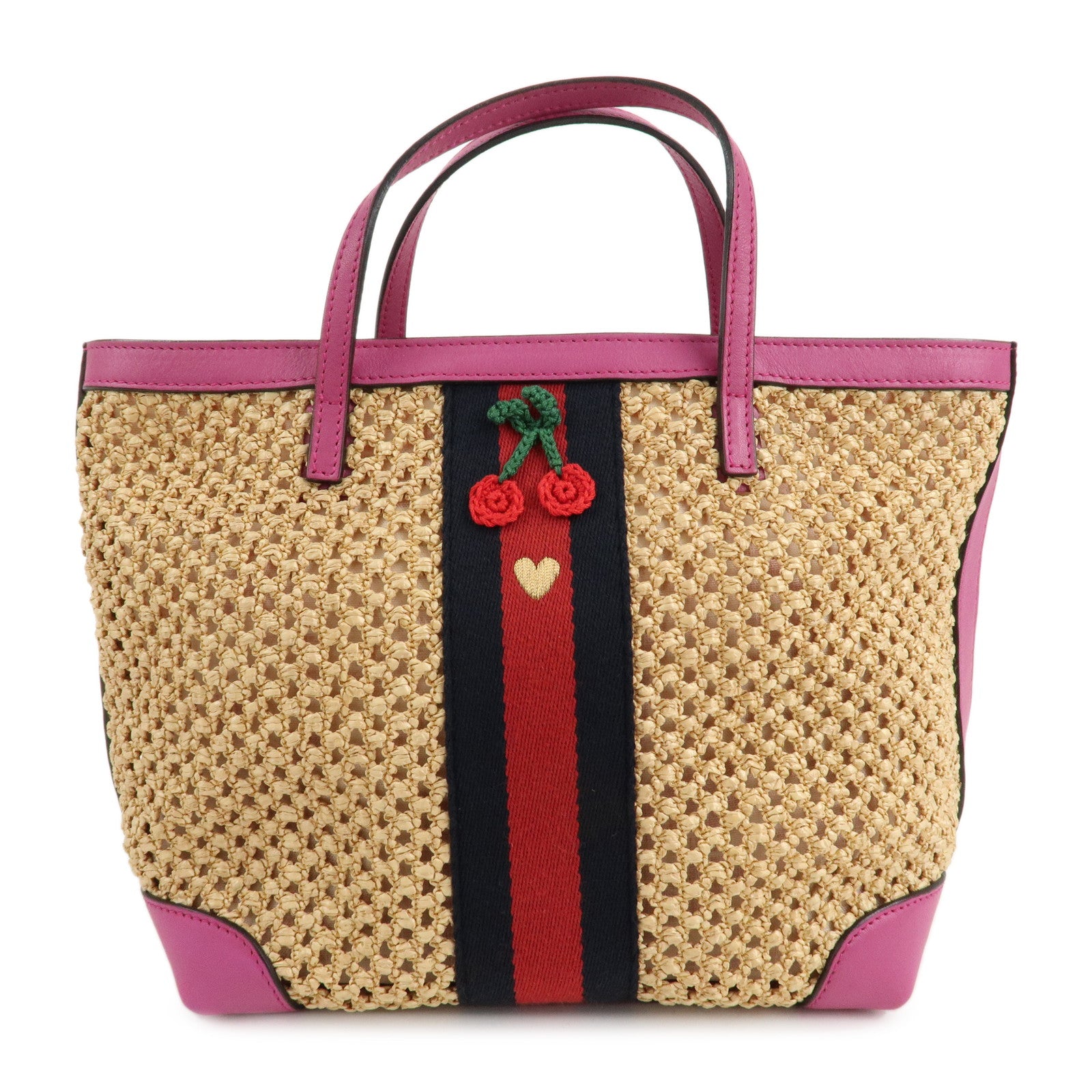 GUCCI-Children-Sherry-Raffia-Leather-Cherry-Bag-Beige-Pink-410818