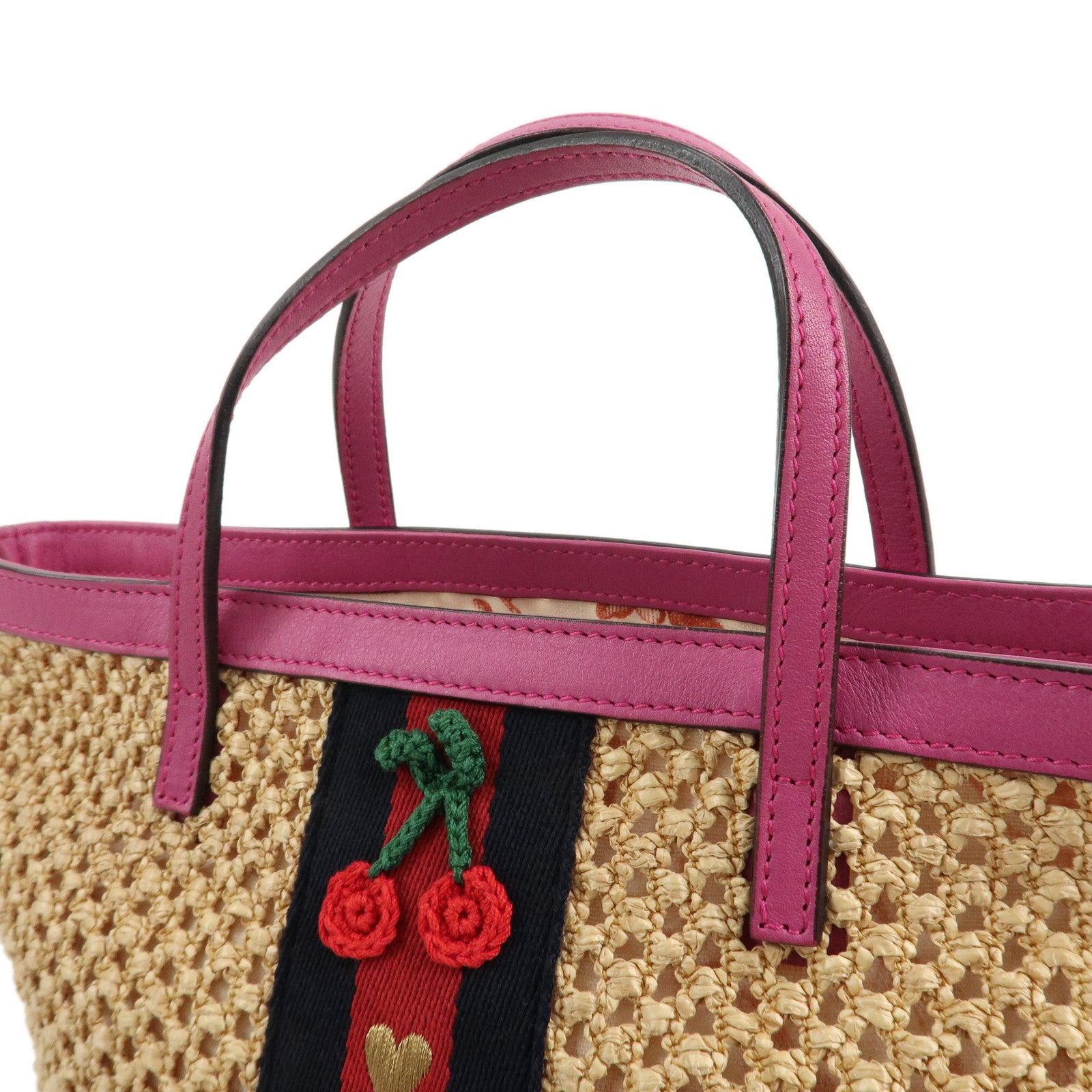 GUCCI Children Sherry Raffia Leather Cherry Bag Beige Pink 410818 Used