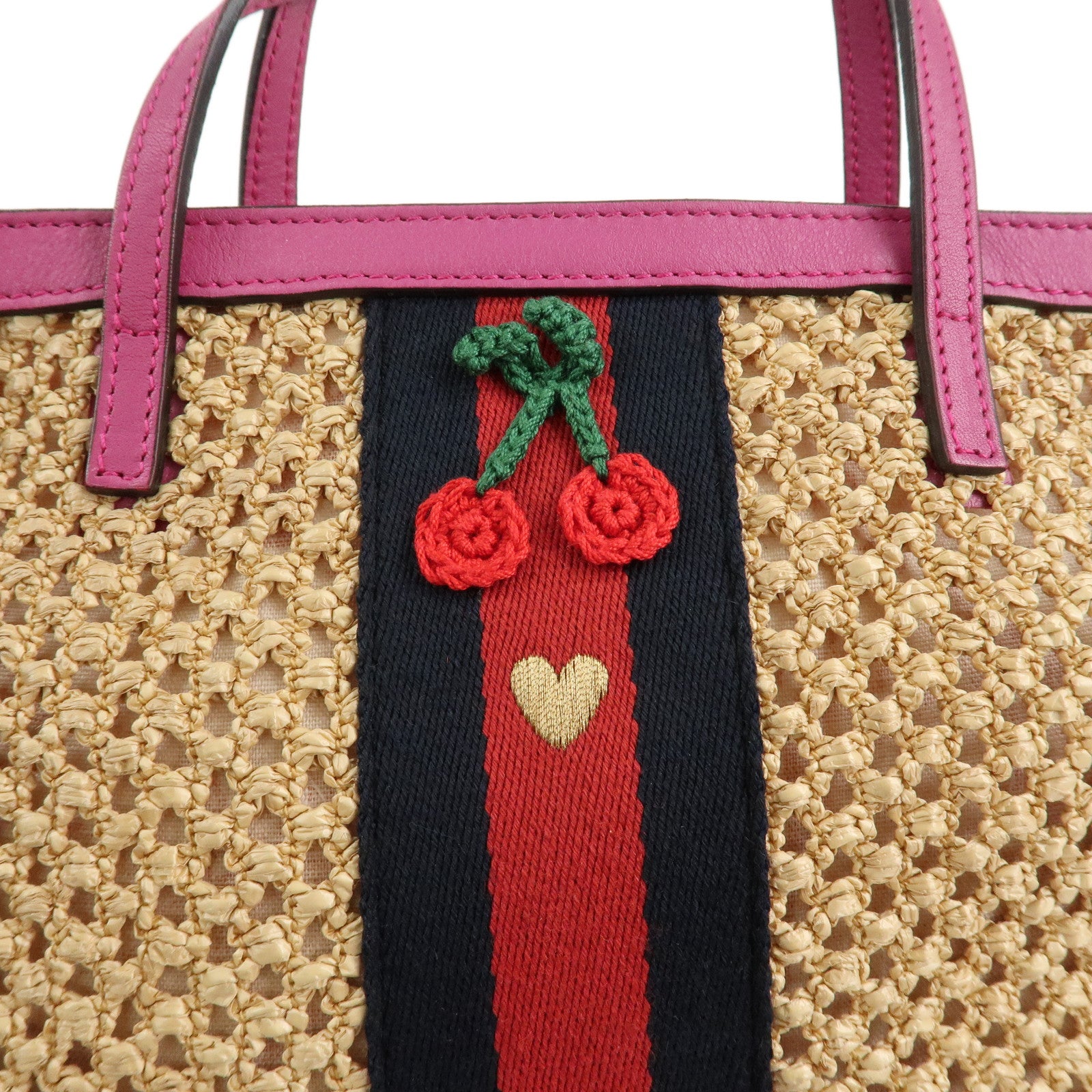 GUCCI Children Sherry Raffia Leather Cherry Bag Beige Pink 410818 Used