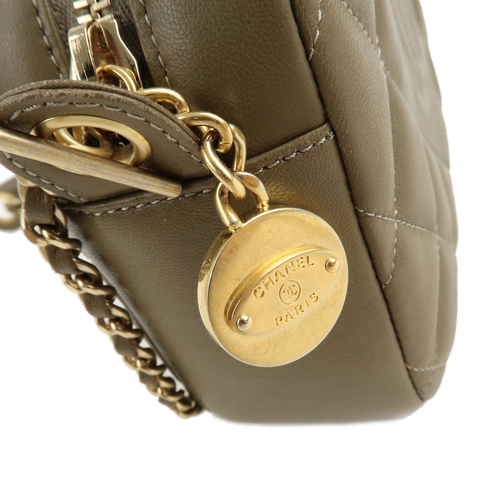 CHANEL Matelasse Lamb Skin Chain Shoulder Bag Khaki Gold