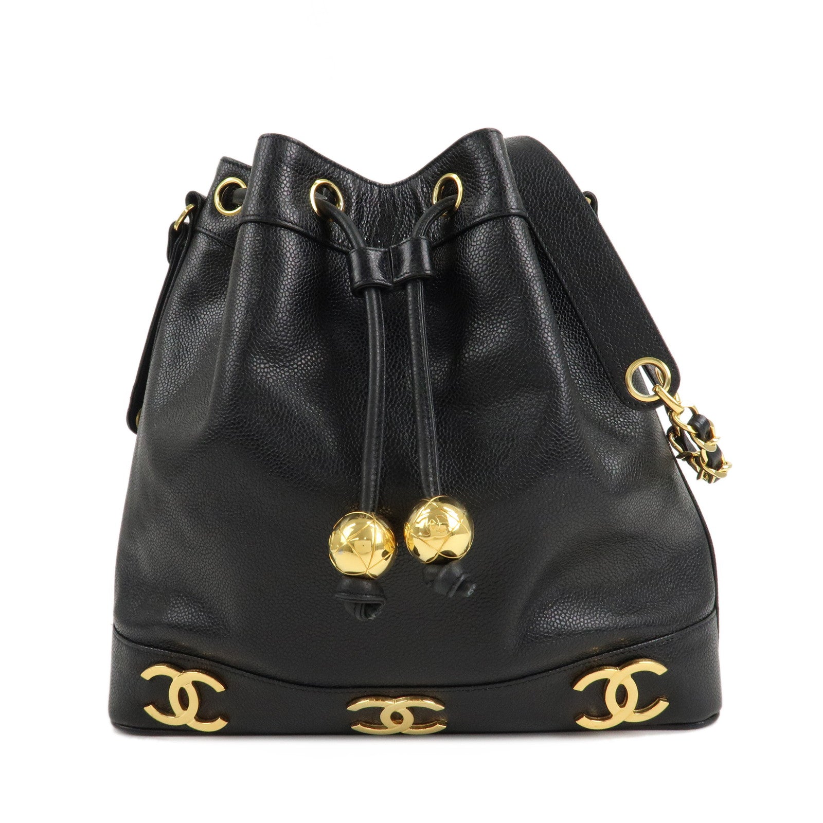 CHANEL-Caviar-Skin-Triple-Coco-Drawstring-Chain-Shoulder-Bag-Black