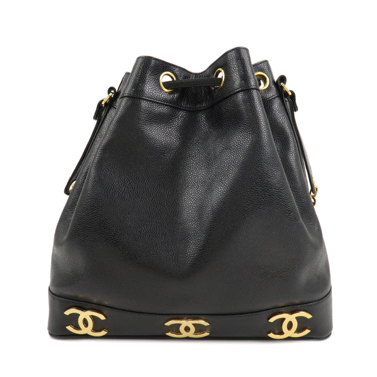 CHANEL Caviar Skin Triple Coco Drawstring Chain Shoulder Bag Black