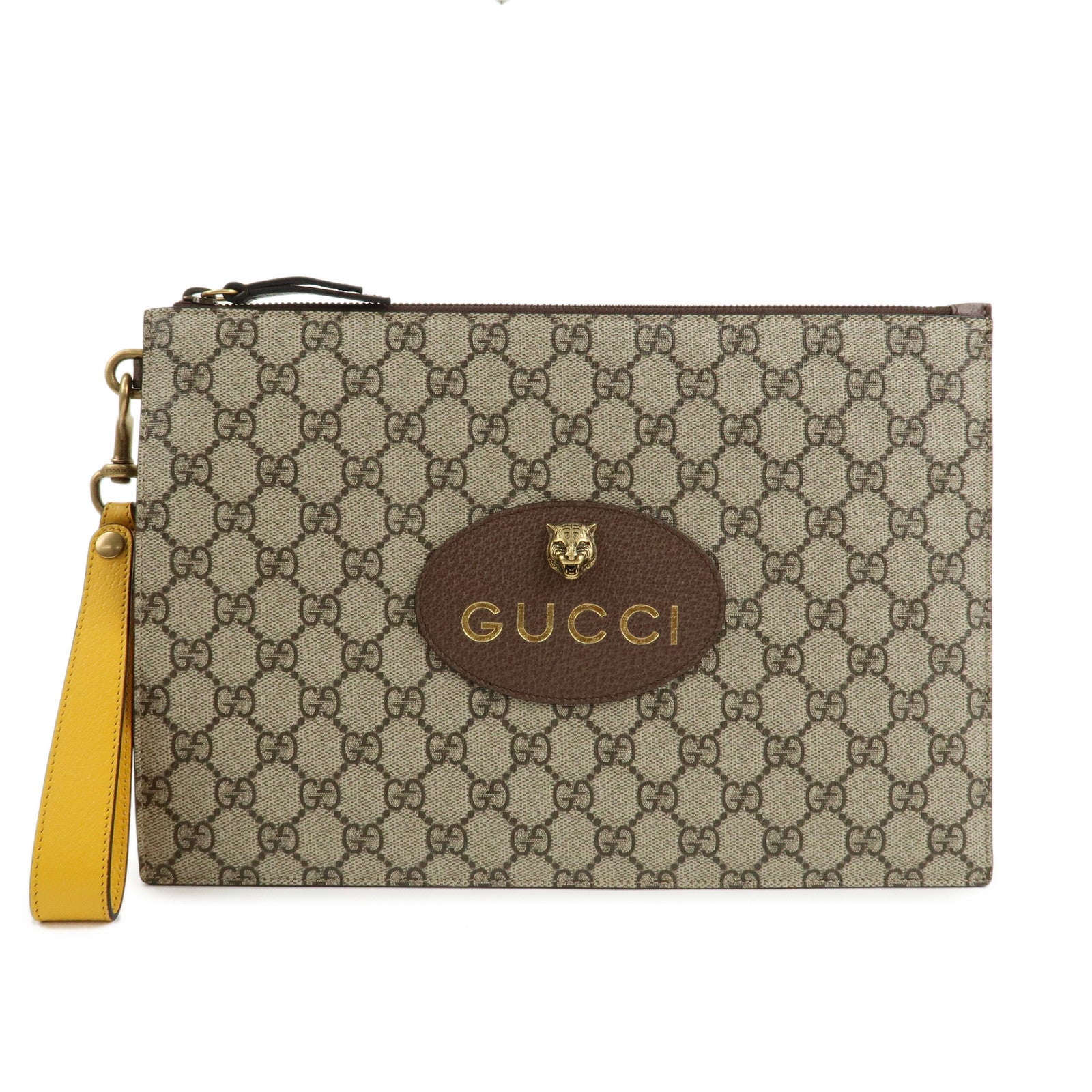 GUCCI-Tiger-Head-GG-Supreme-Leather-Clutch-Bag-Beige-Brown-473956