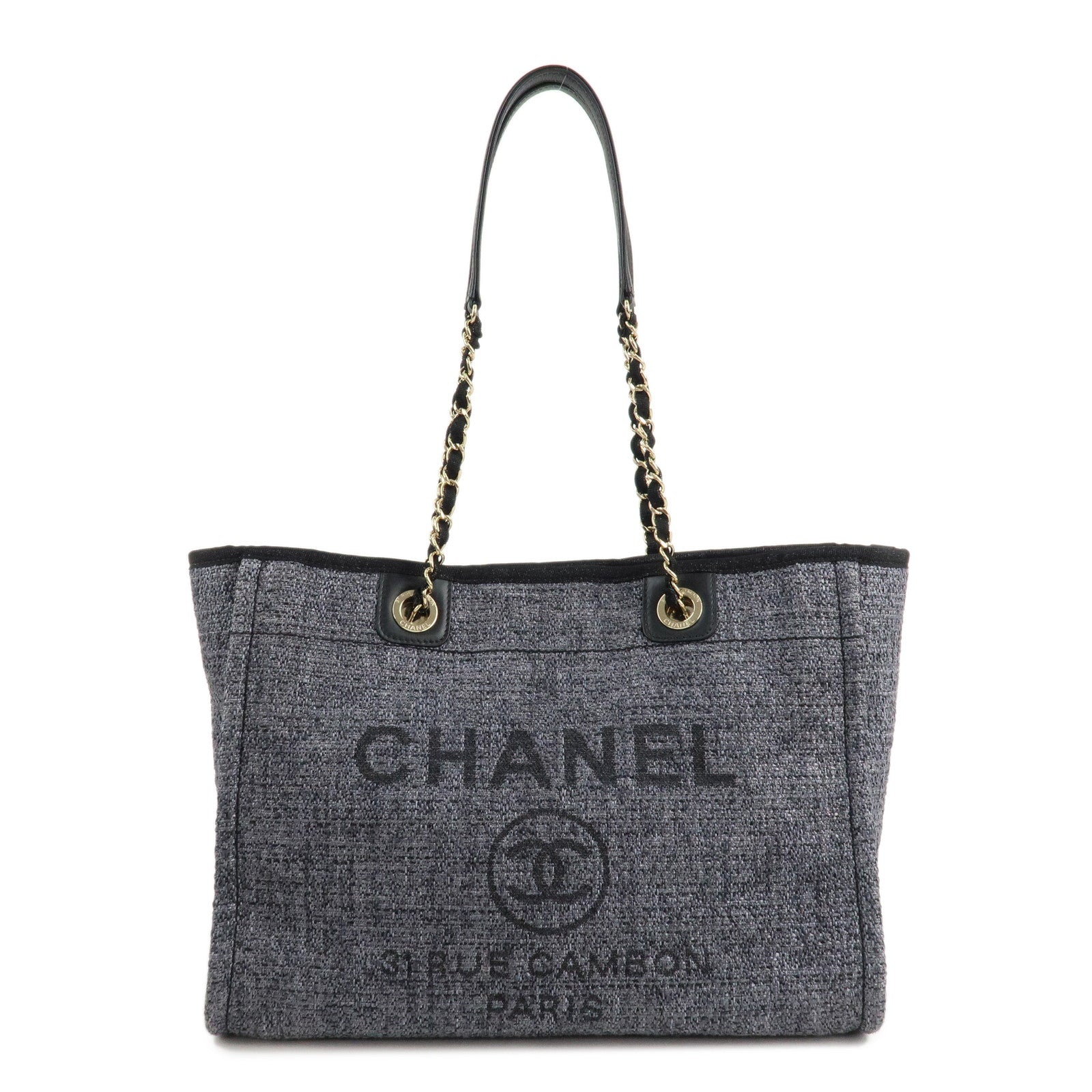 CHANEL-Deauville-MM-Raffia-Leather-Chain-Tote-Bag-Gray-A67001