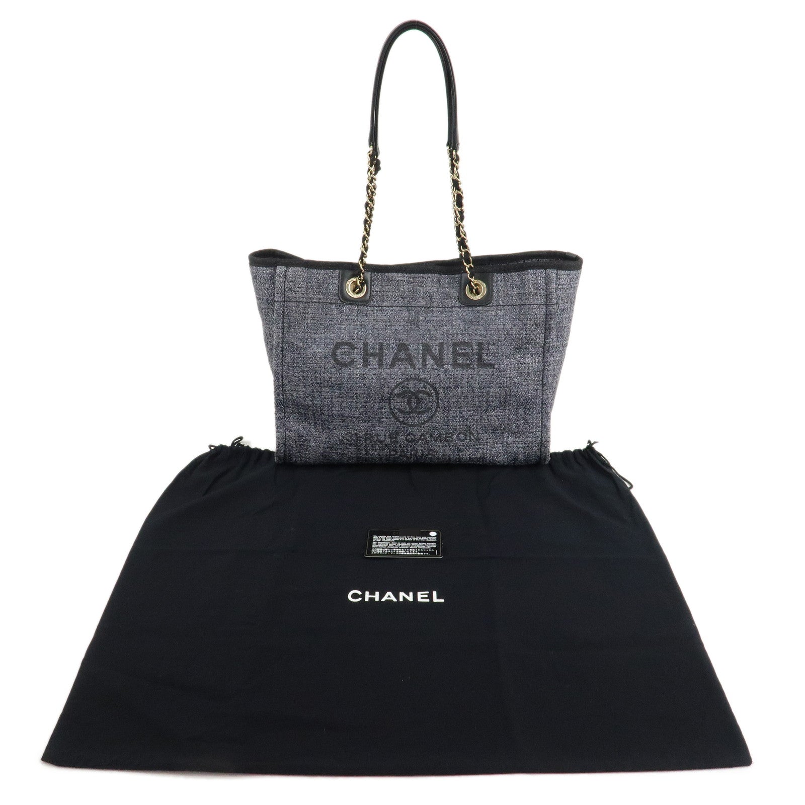 CHANEL Deauville MM Raffia Leather Chain Tote Bag Gray A67001 Used