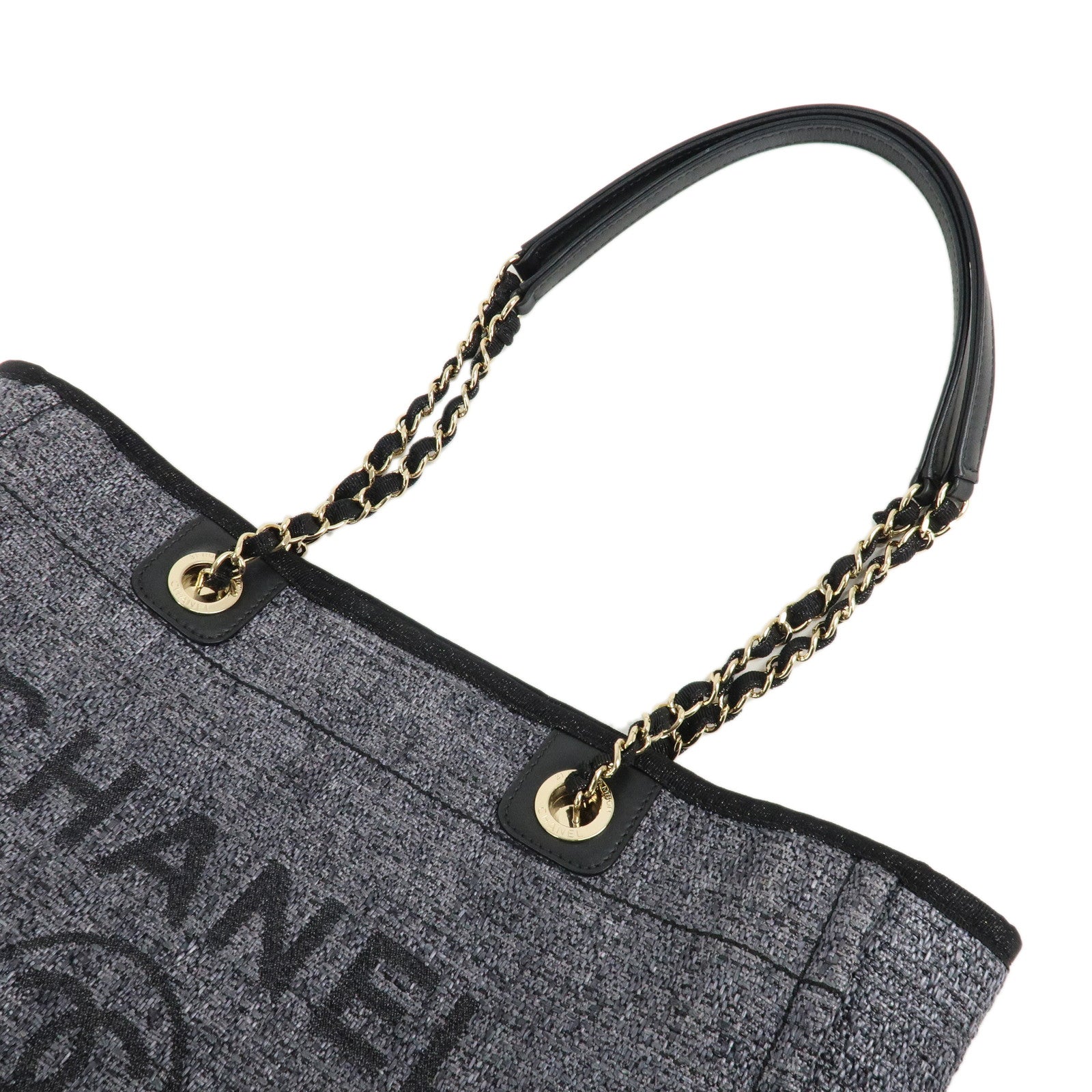 CHANEL Deauville MM Raffia Leather Chain Tote Bag Gray A67001 Used