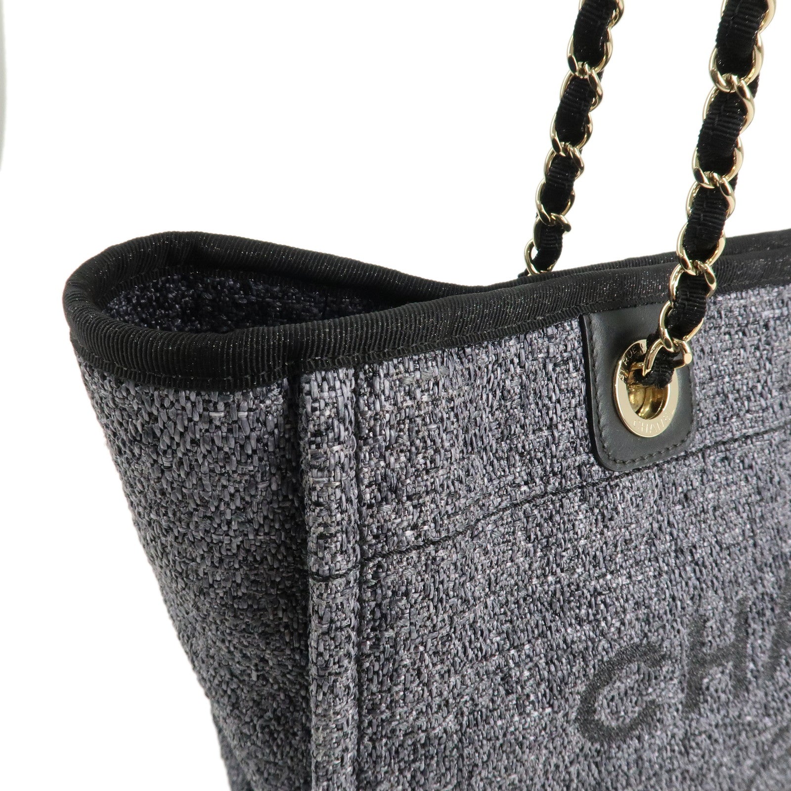 CHANEL Deauville MM Raffia Leather Chain Tote Bag Gray A67001 Used