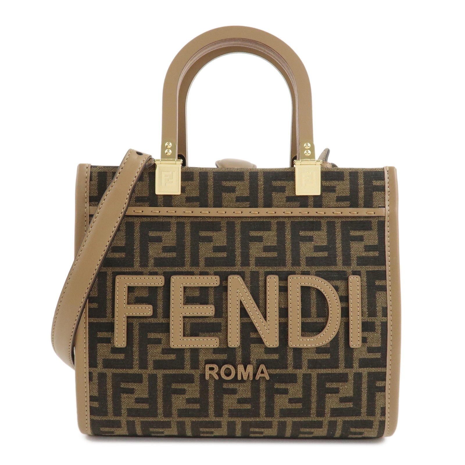 FENDI-Zucca-Canvas-Leather-Sunshine-Shoulder-Bag-Hand-Bag-8BH394