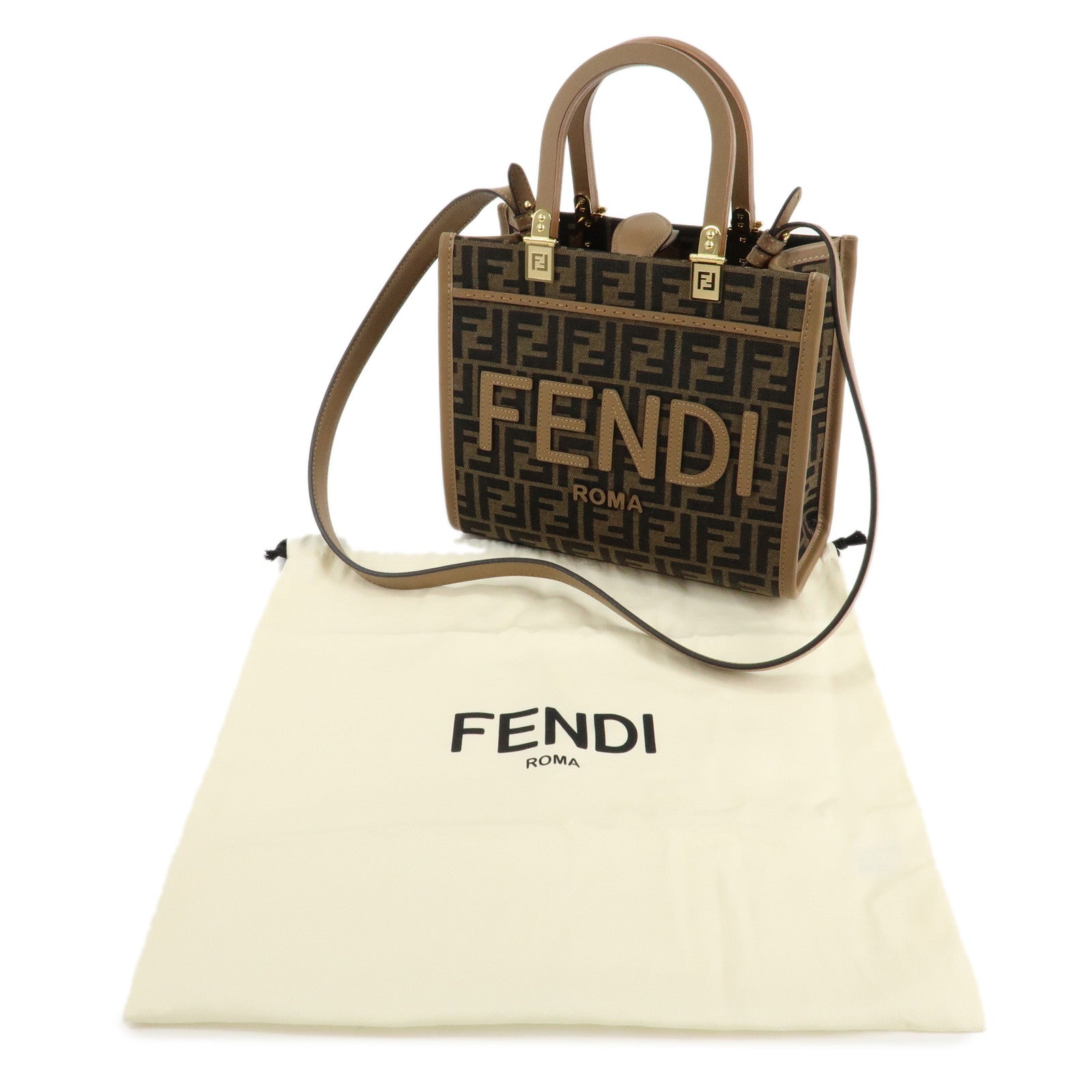 FENDI Zucca Canvas Leather Sunshine Shoulder Bag Hand Bag 8BH394 Used