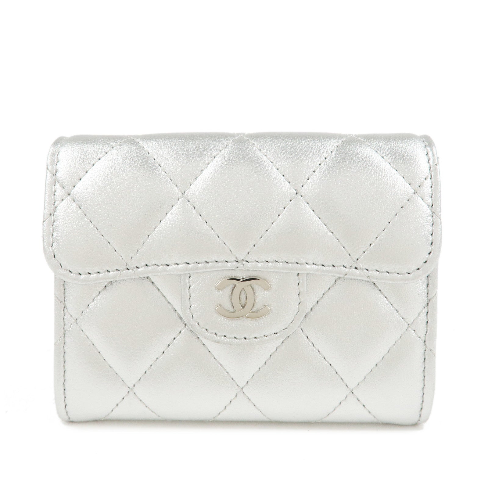 CHANEL-Lamb-Skin-Classic-Small-Flap-Wallet-Silver-AP0230