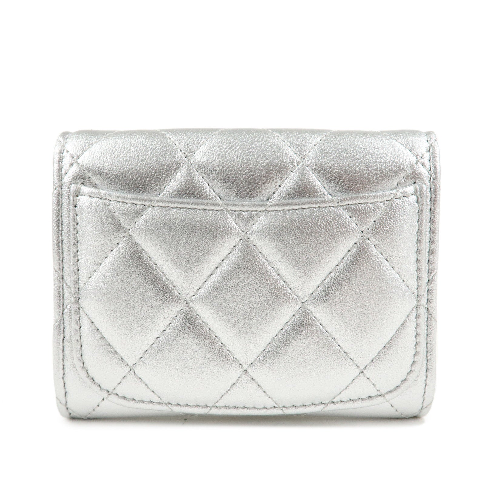 CHANEL Lamb Skin Classic Small Flap Wallet Silver AP0230 Used