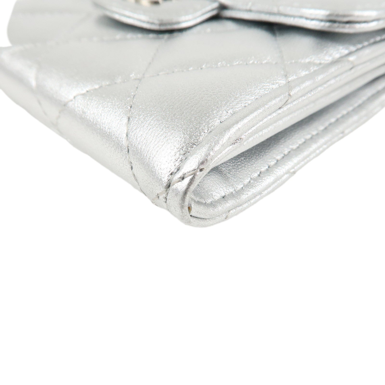 CHANEL Lamb Skin Classic Small Flap Wallet Silver AP0230 Used