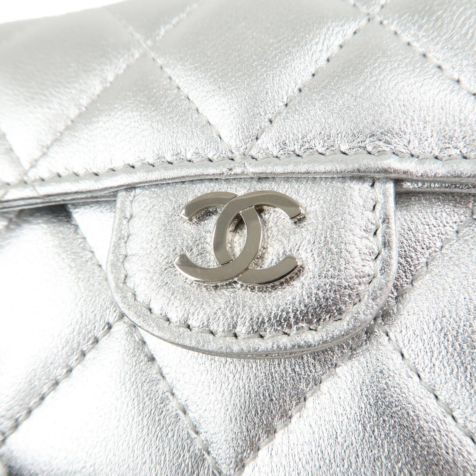 CHANEL Lamb Skin Classic Small Flap Wallet Silver AP0230 Used