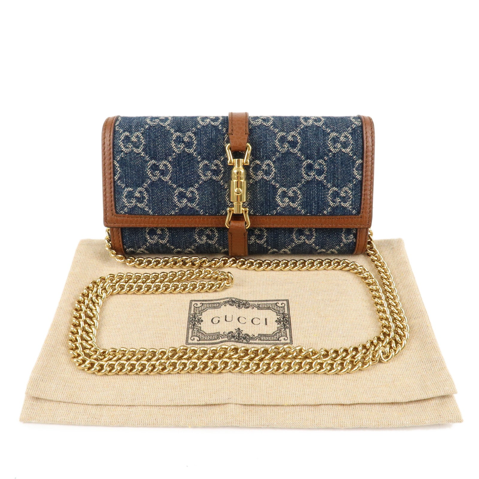 GUCCI New Jackie GG Denim Leather Chain Wallet Blue Brown 652681 Used