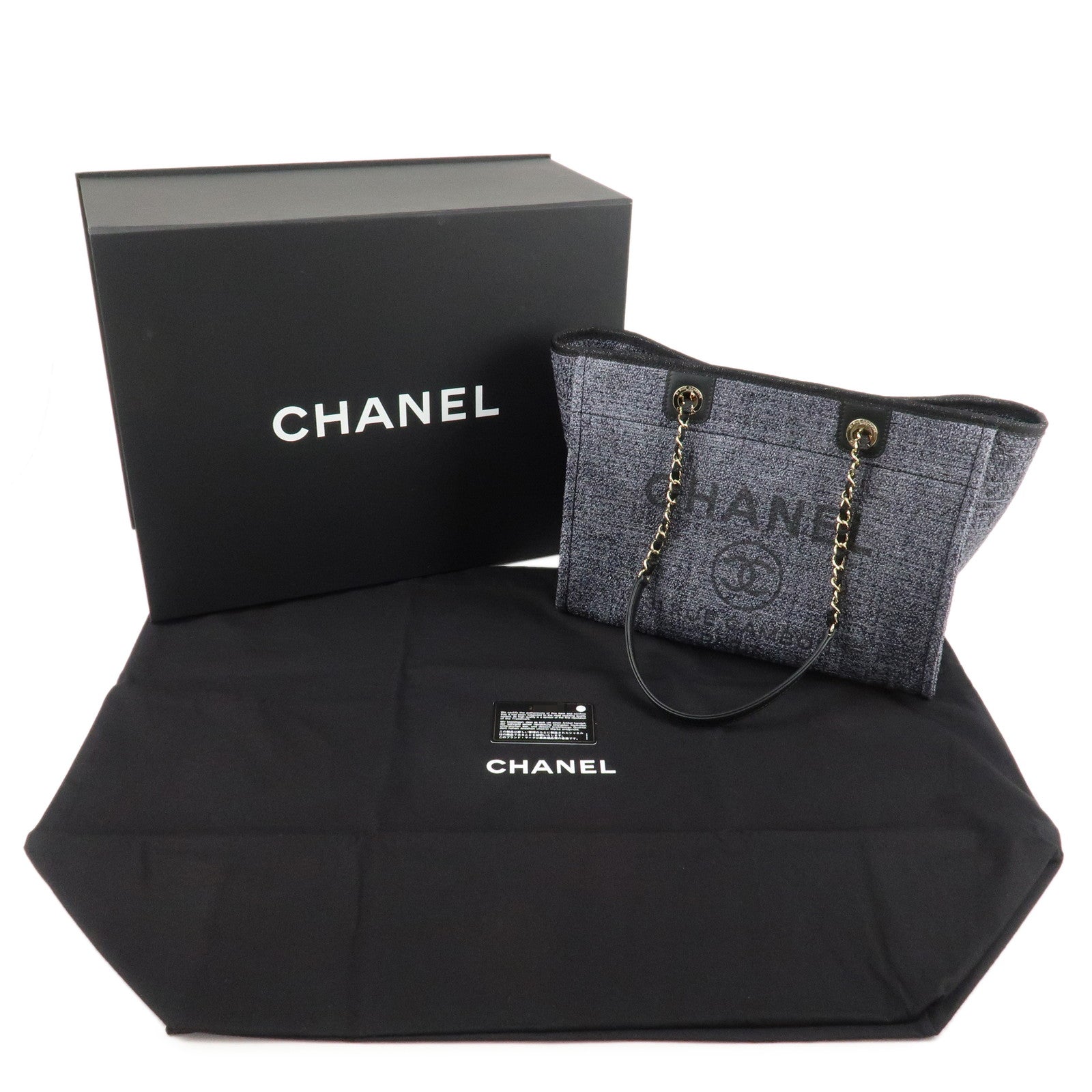 CHANEL Deauville Tote MM Chain Shoulder Bag Navy AS3257 Used