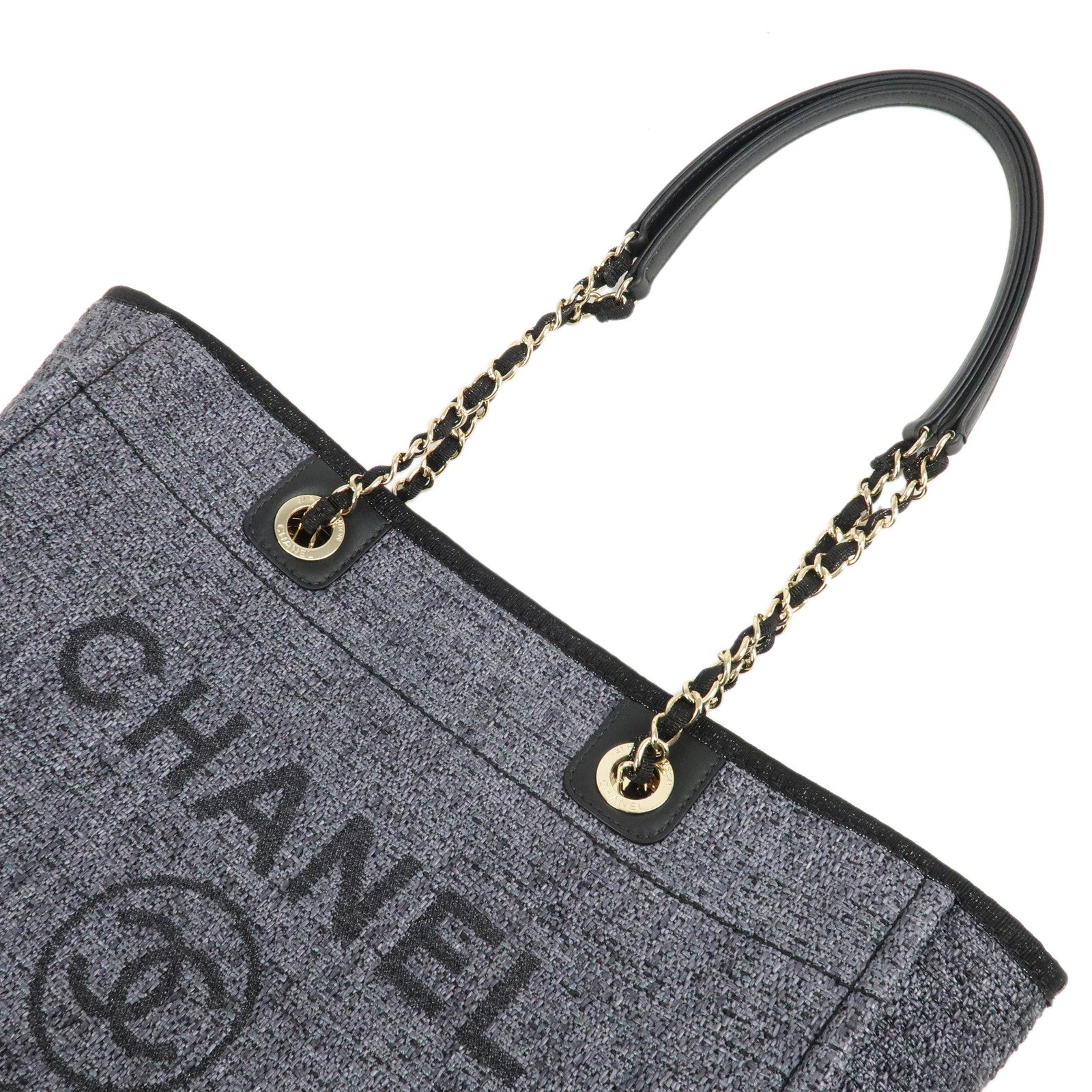 CHANEL Deauville Tote MM Chain Shoulder Bag Navy AS3257 Used