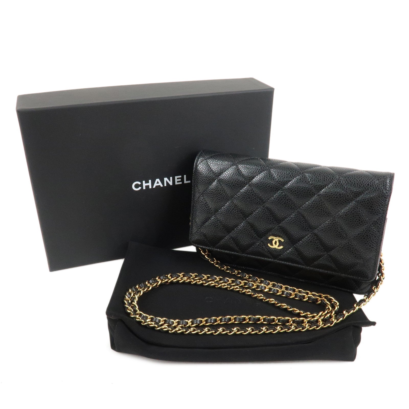 CHANEL Caviar Skin Chain Wallet Purse Shoulder Bag Black AP0250