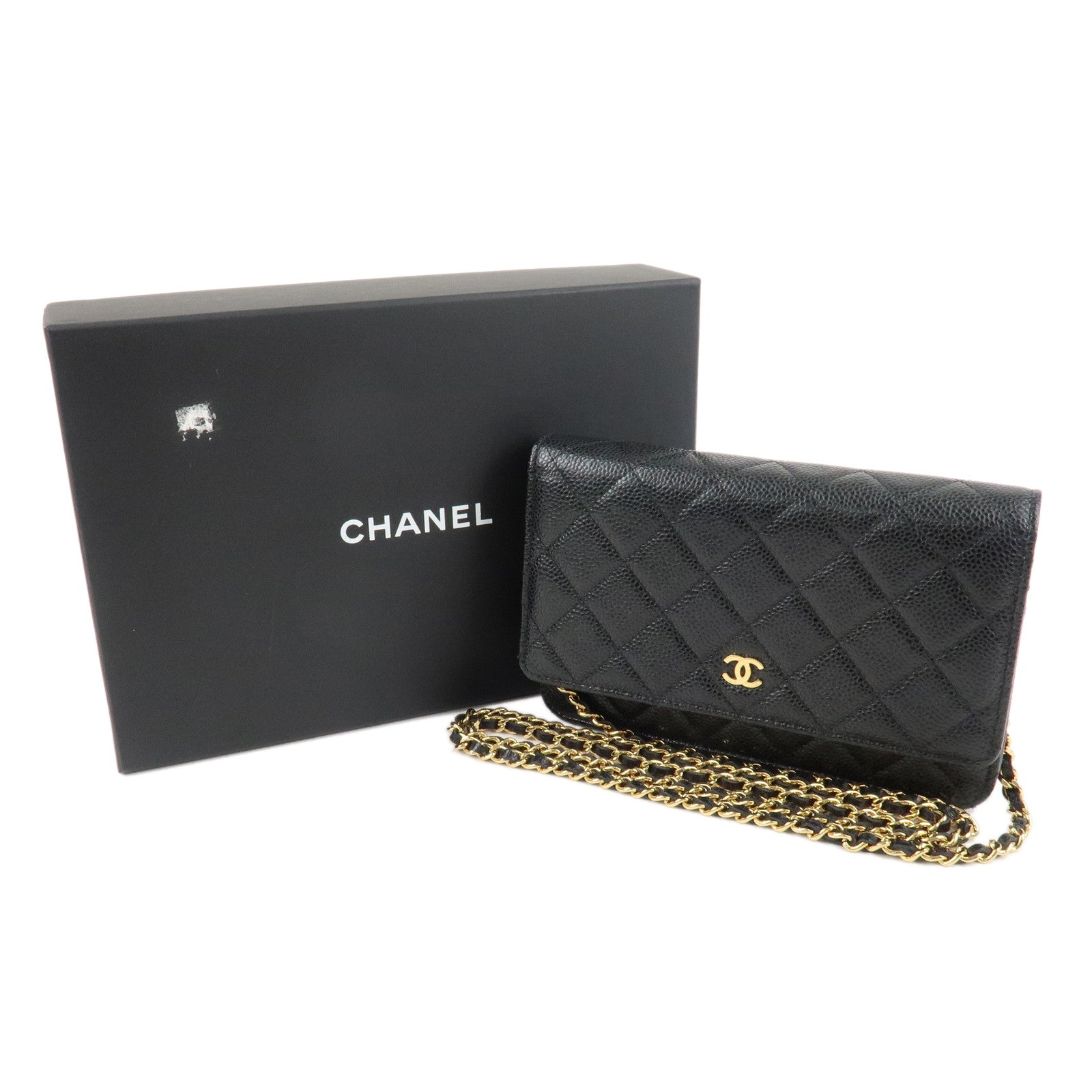 CHANEL Caviar Skin Chain Wallet Purse Black Shoulder Bag AP0250