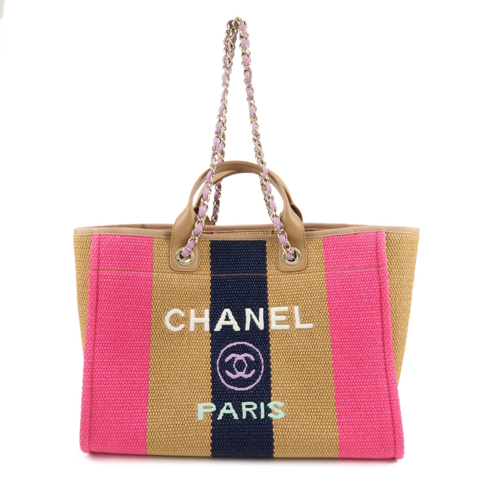 CHANEL-Deauville-GM-Raffia-Leather-2Way-Tote-Bag-Brown-PInk-A67001